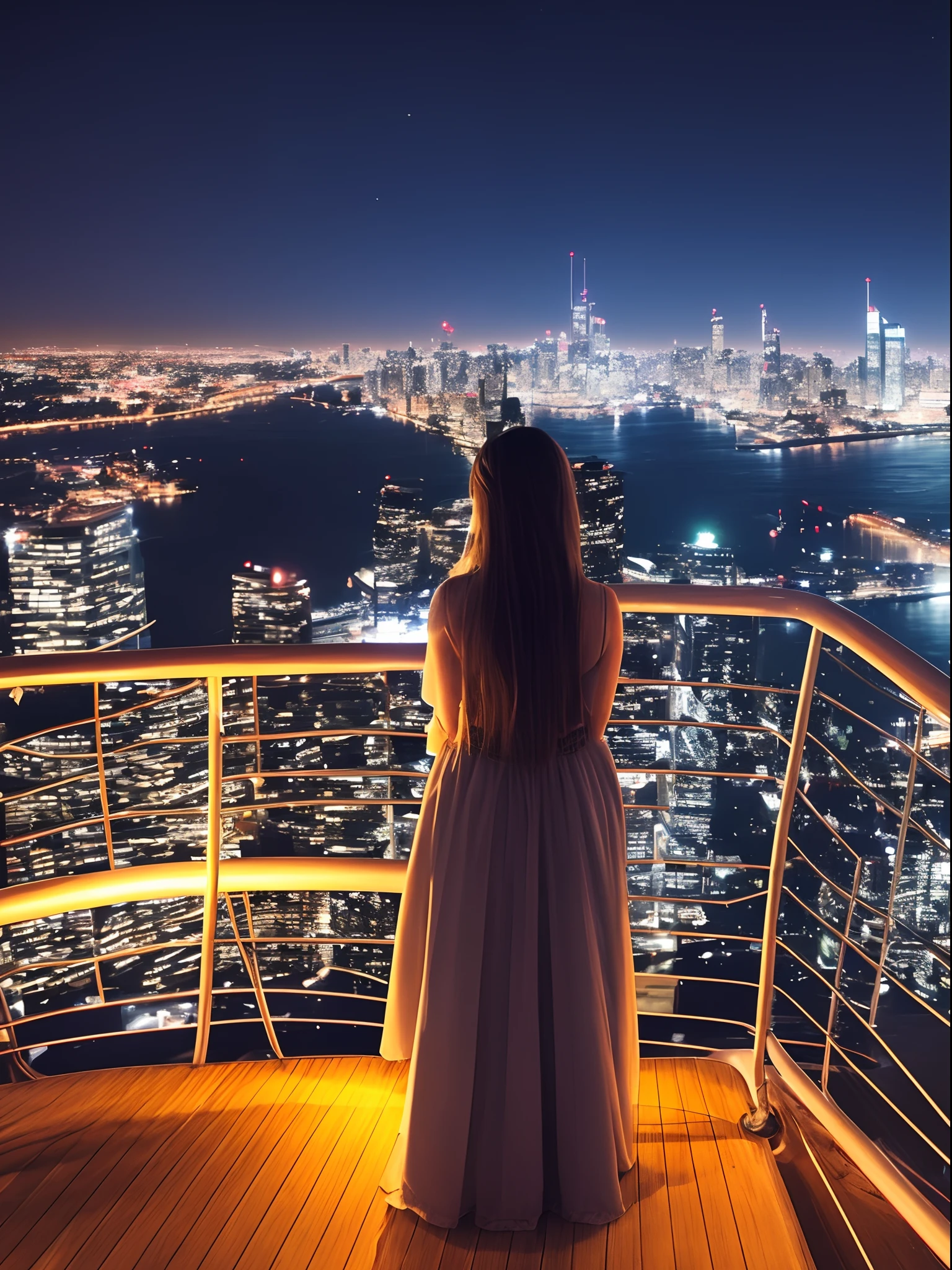 Night view of the city by boat again、Beautiful woman looking at the night view on the deck
