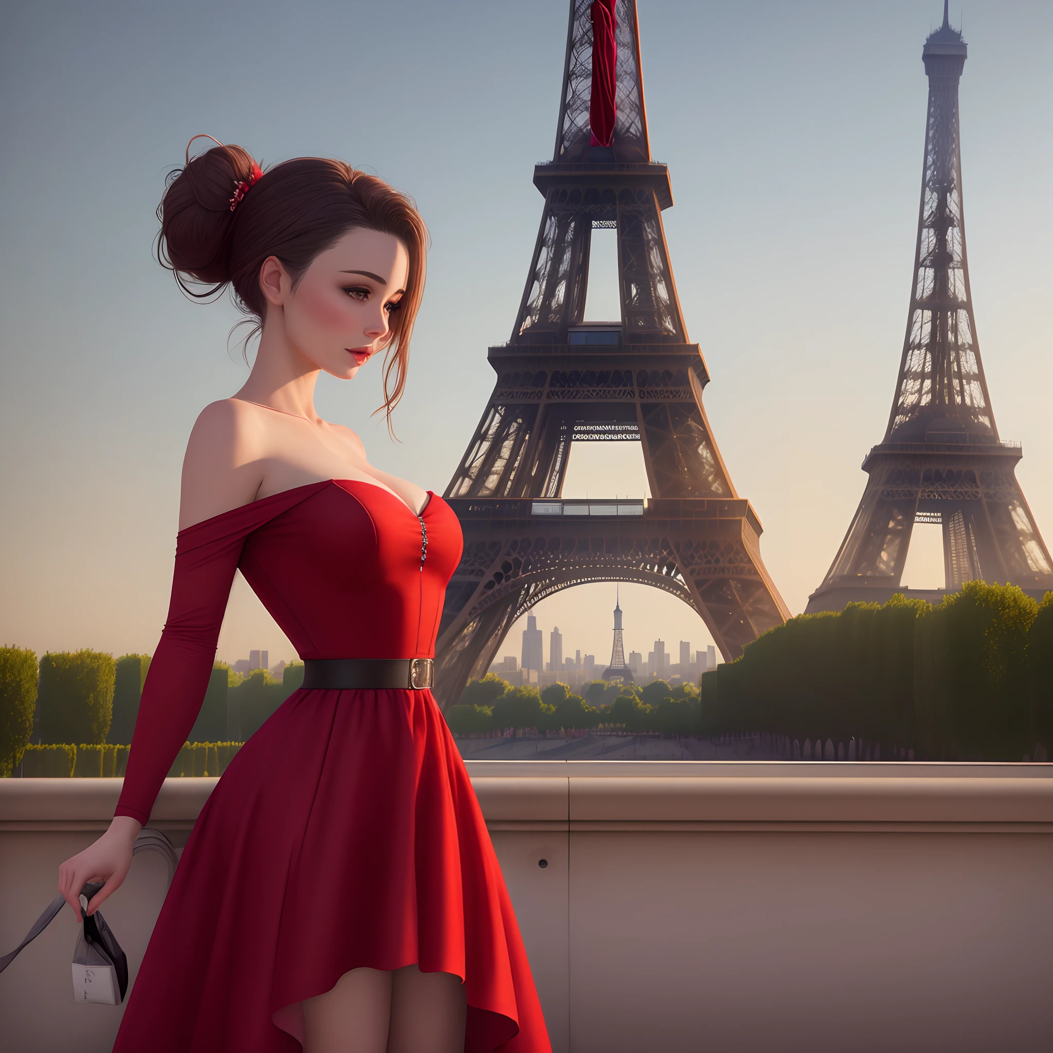 Creates a realistic woman in a red dress and hair tied up with the Eiffel tower behind her