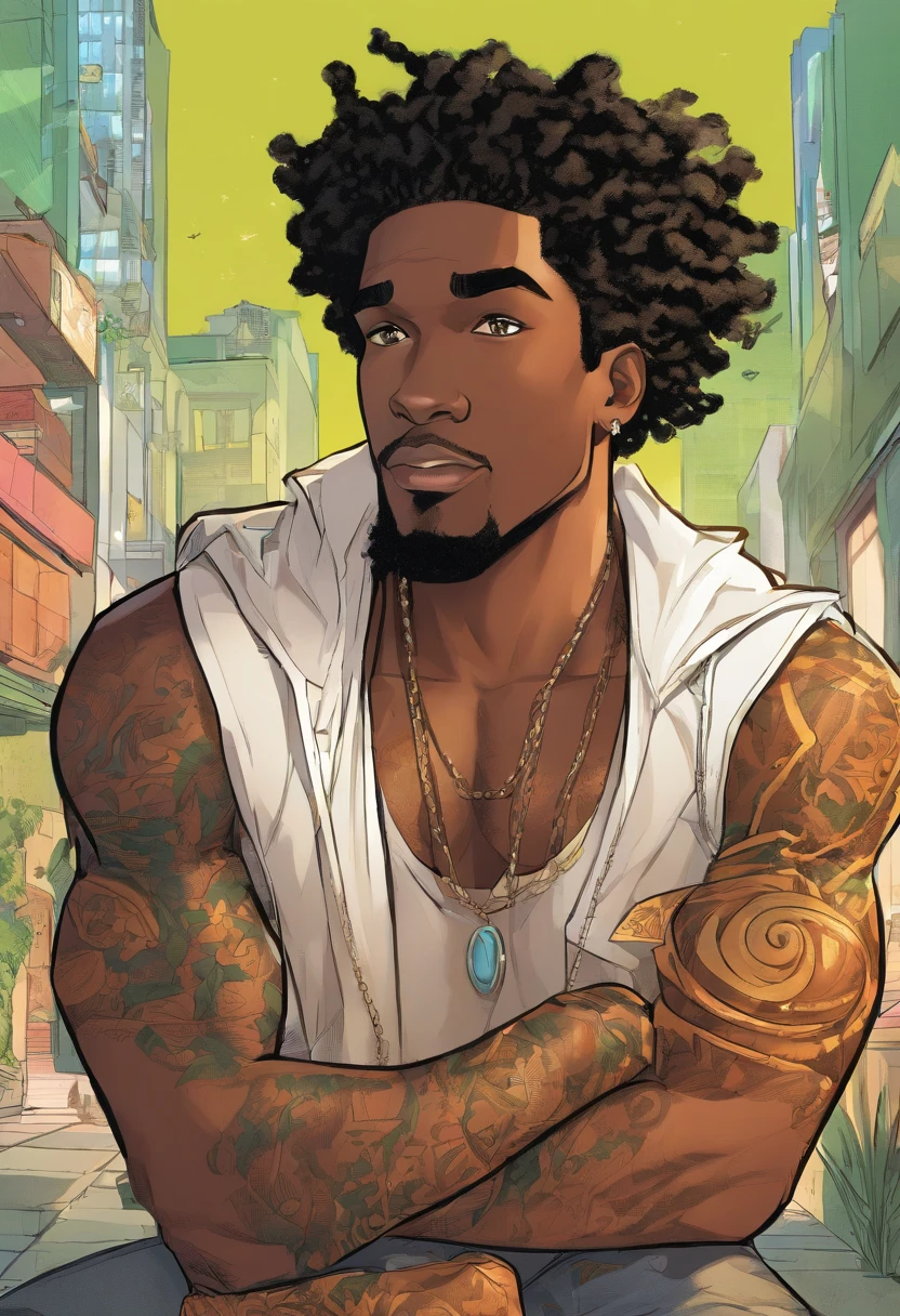 Black male with loc hair green eyes, big pecs, big ass, big bulge