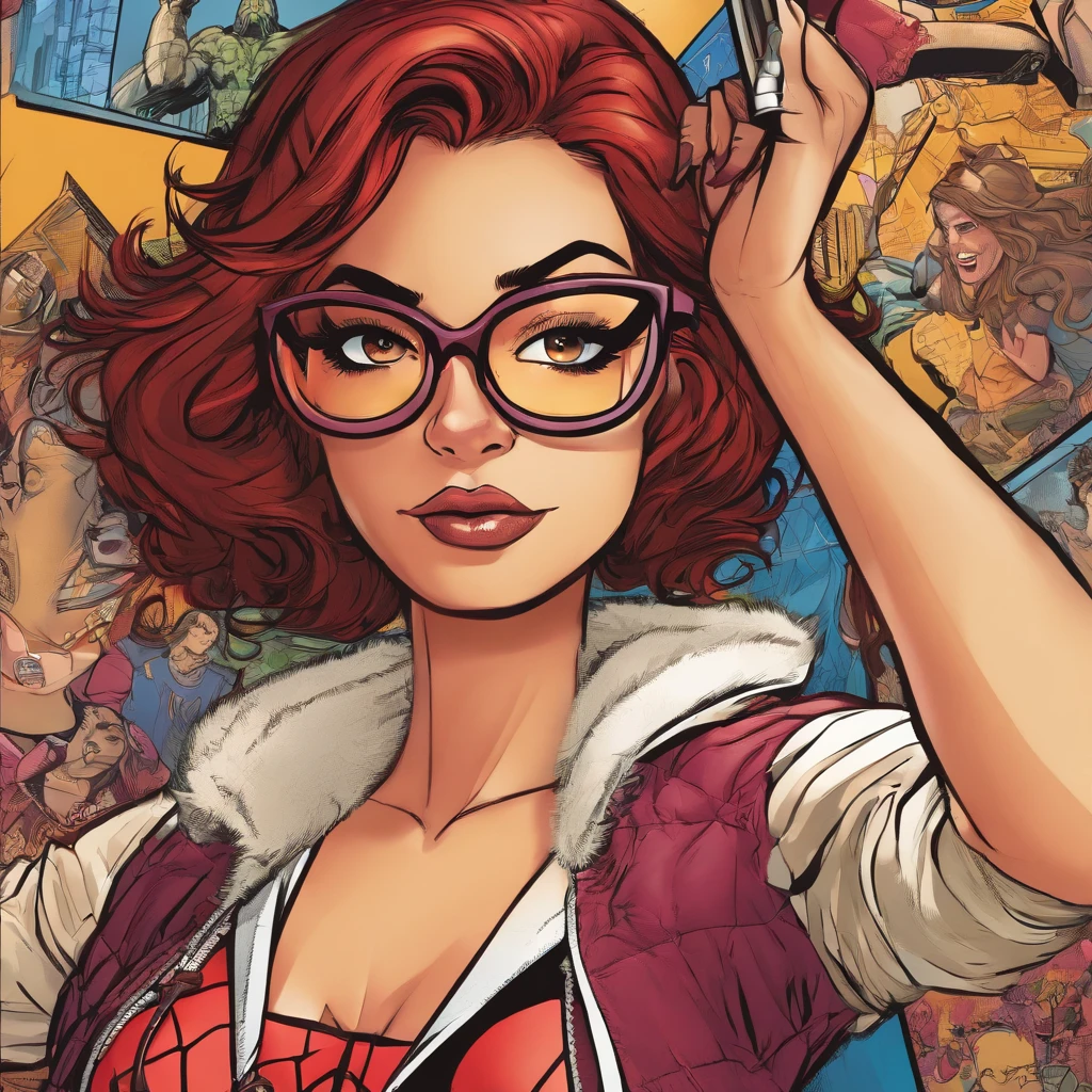Spidergirl black with shoulder-length brown hair and brown eyes and burgundy glasses