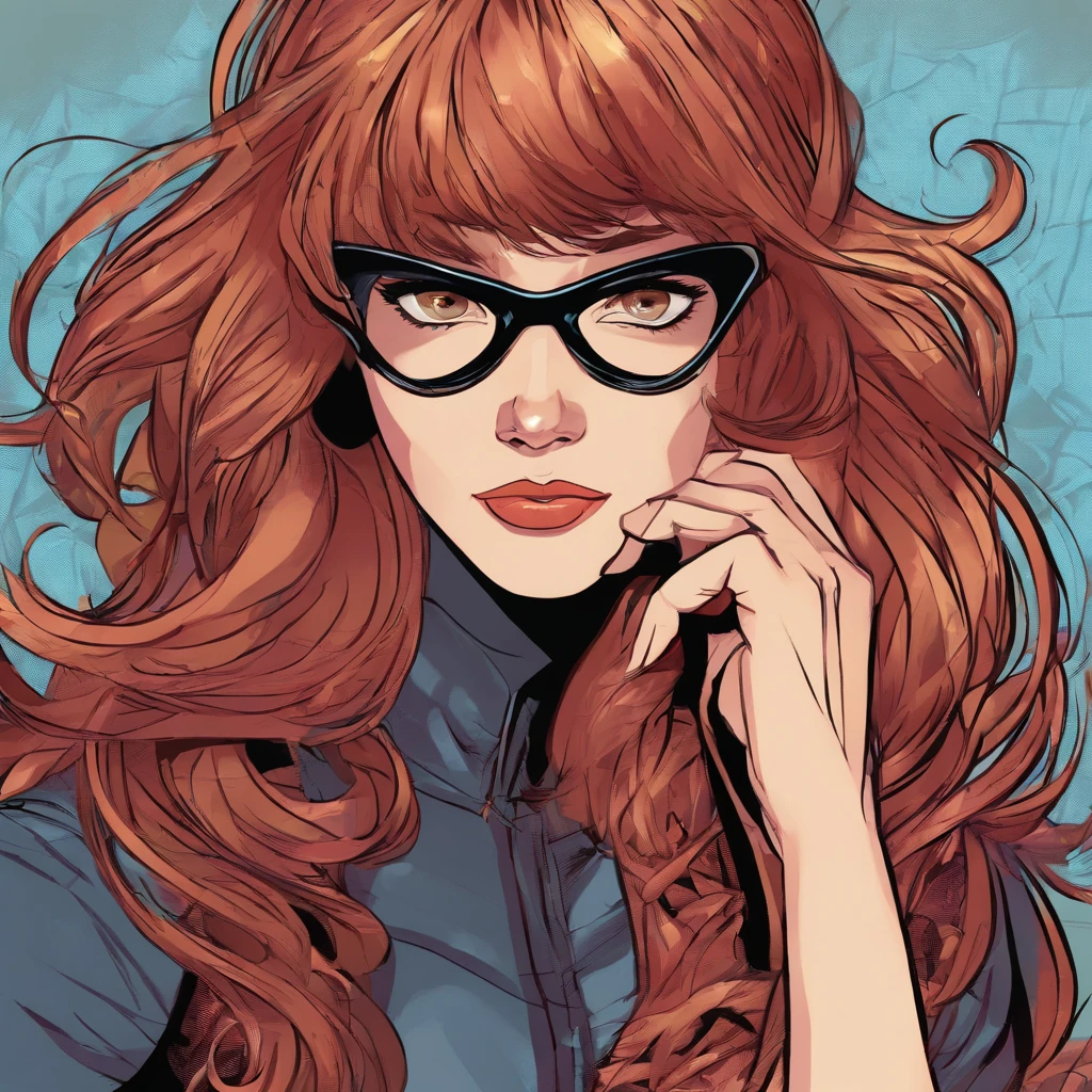 Spidergirl black with shoulder-length brown hair and brown eyes and burgundy glasses