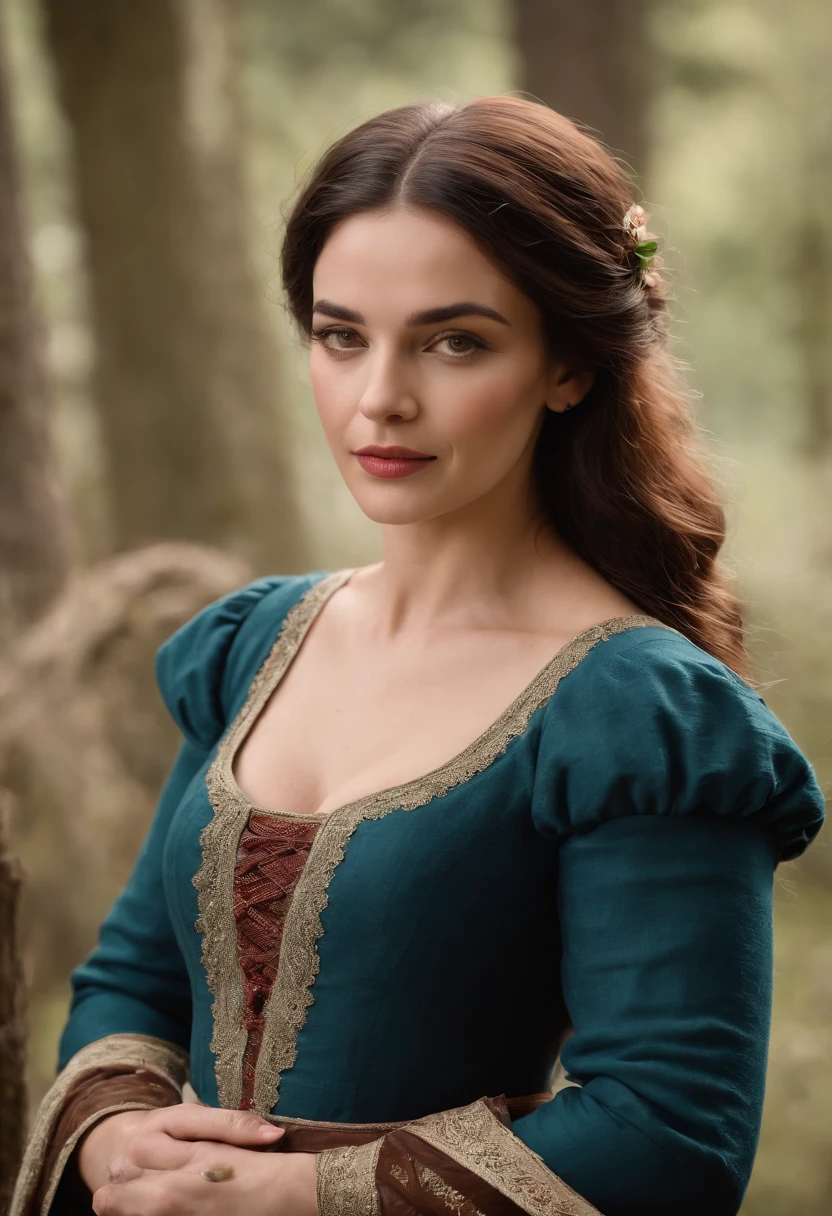 (((uma ferida avermelhada profunda atravessa sua bochecha esquerda))) tez justa, mulher em torno de 49 anos, cabelos PREtos naturais, olhos castanhos distintos, Wearing modern and graceful clothing, Beautiful, luz de velas em um ambiente medieval, Ultra sharp focus, tiro realista, roupas femininas medievais, cores tetradicas (cicatriz:1.4)