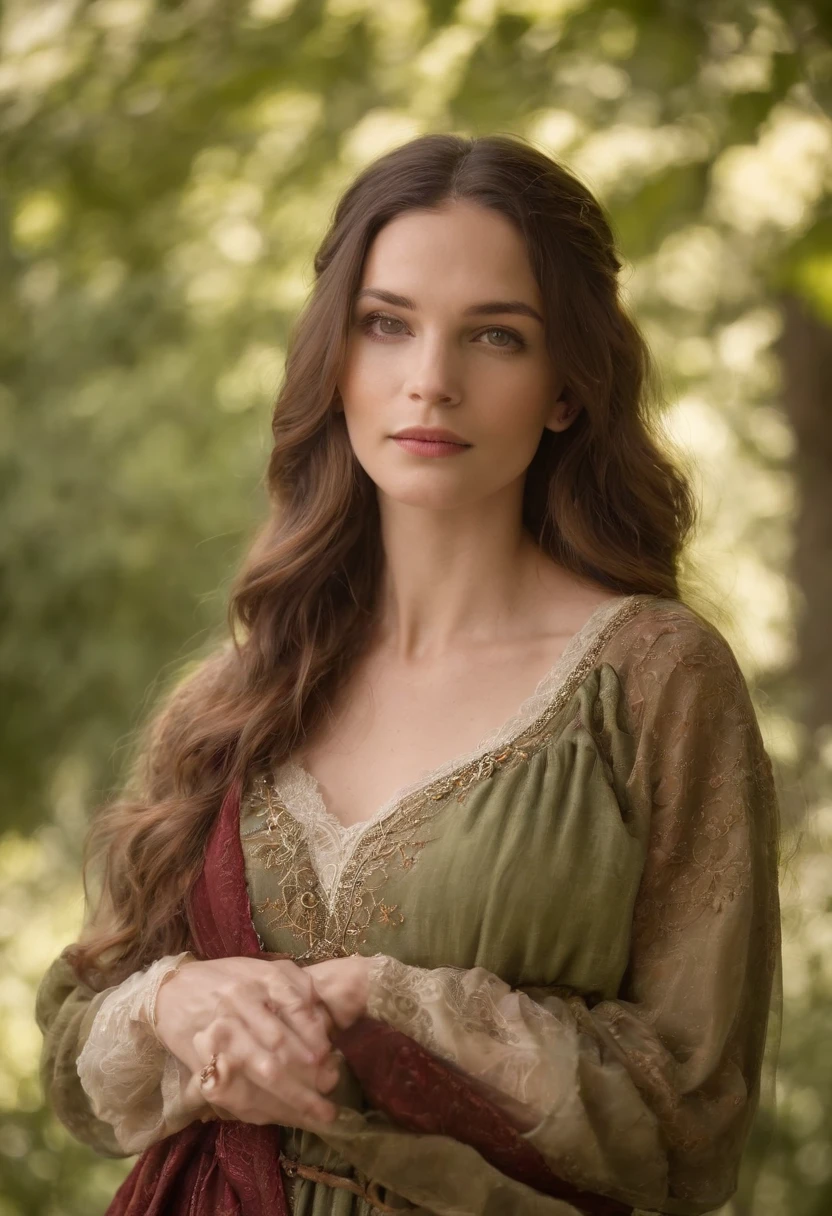 (((uma ferida avermelhada profunda atravessa sua bochecha esquerda))) tez justa, mulher em torno de 49 anos, cabelos PREtos naturais, olhos castanhos distintos, Wearing modern and graceful clothing, Beautiful, luz de velas em um ambiente medieval, Ultra sharp focus, tiro realista, roupas femininas medievais, cores tetradicas (cicatriz:1.4)