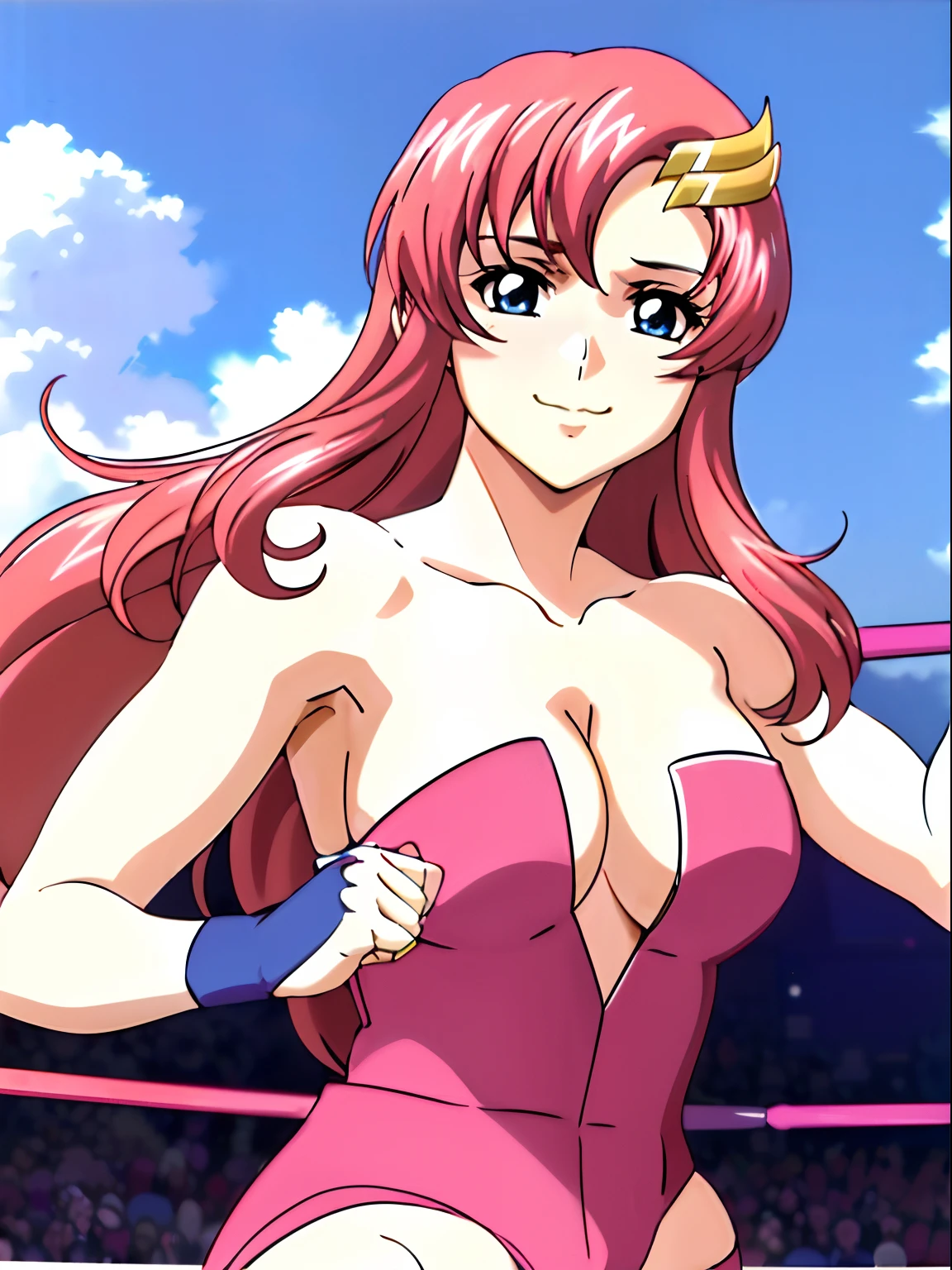 (((pink strapless wrestling outfit))), (masterpiece, , 4K, Best Quality, Anime style: 1.9,, Adult Woman, ultra detailed face, (cloud background, wrestling), Drawing lines, high resolution, Anime, lacus4), 1girl, Solo, curvy figure, Long hair, 鎖骨, scapular, (Detailed wide hair bangs, Hair Ornament, Detailed reddish-pink hair, golden crest), , large hands, (pro female wrestler). (Big blue eyes, shiny eyes), ((female wrestler, little biceps, slender body, broad shoulders, closed fists, closed mouth)), ((perfect proportions, medium breasts,ge, long (((mini pink wrestling outfit))),( looking at the viewer, confident, smile),