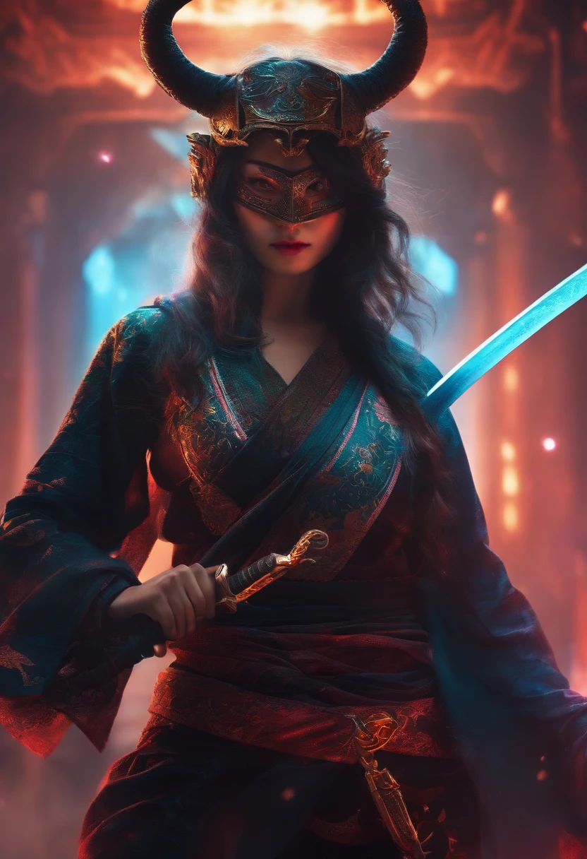 Ninja girl with horns on her head and wearing a mask, with a katana in hand, Very bright colors, light particles, with luminous light, Mshiff, Wallpaper Art