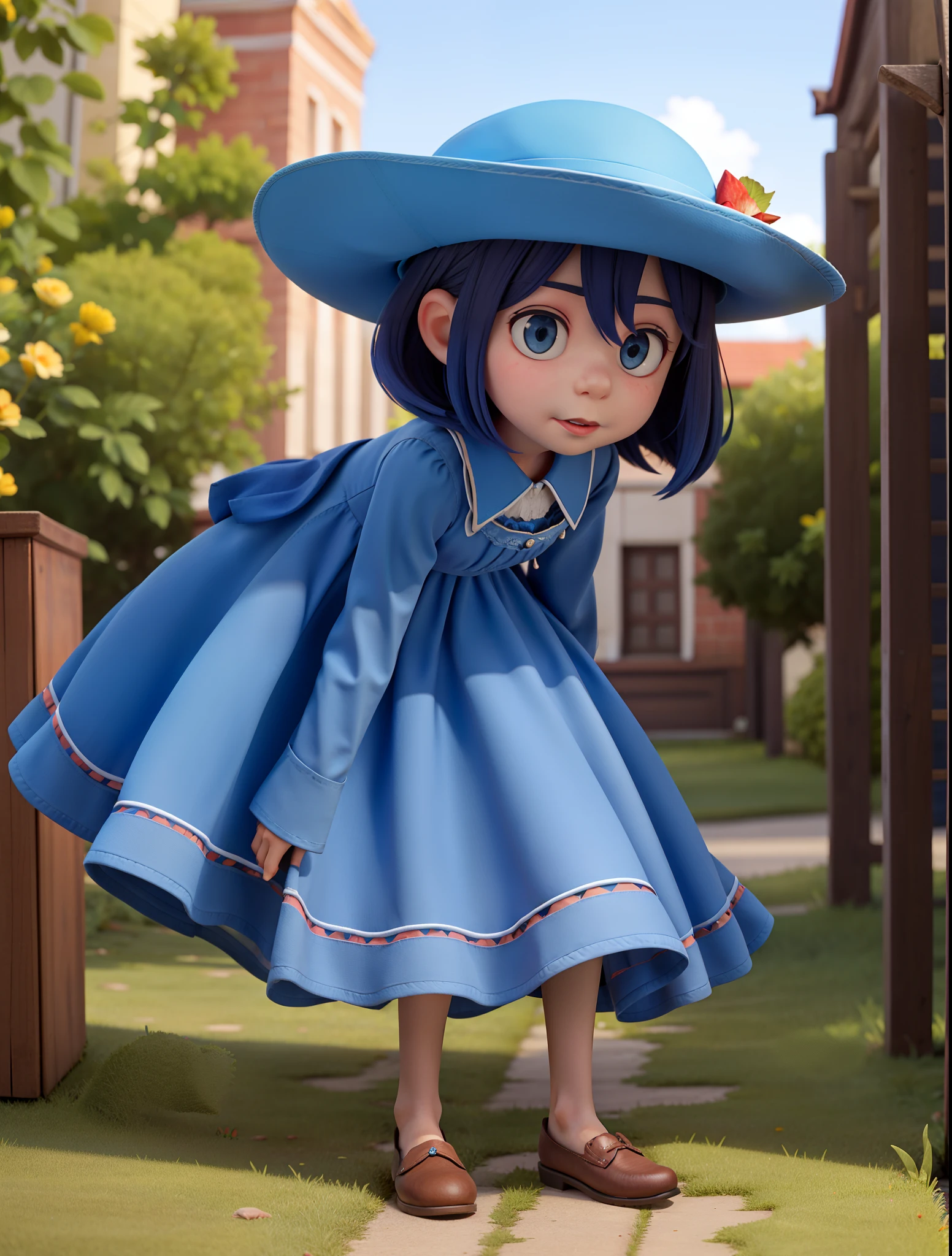 1 girl in blue dress and blue hat lowered or lowered