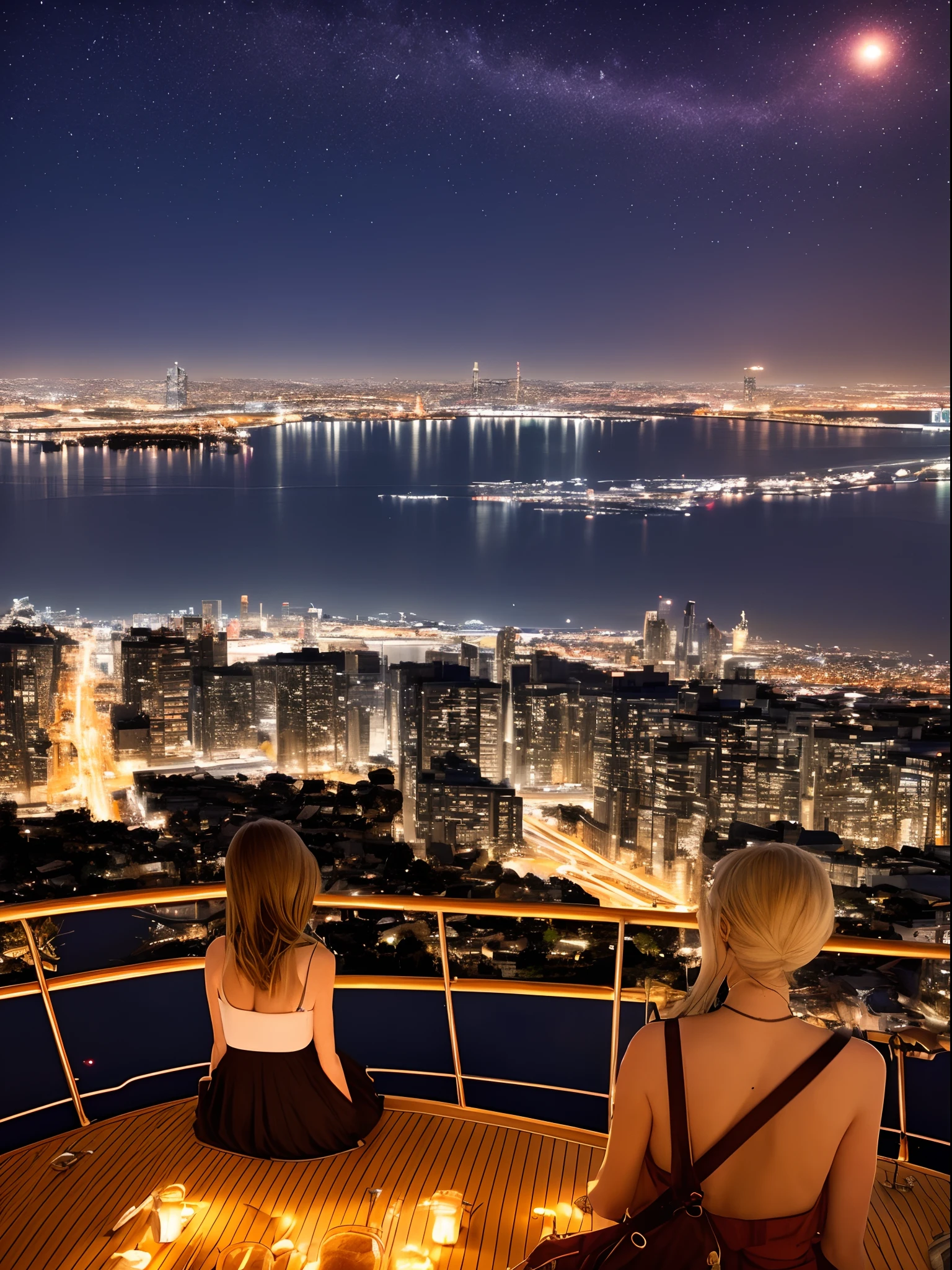 A woman in a white silk dress stands on a white balcony against the backdrop of the night city.. a high resolution