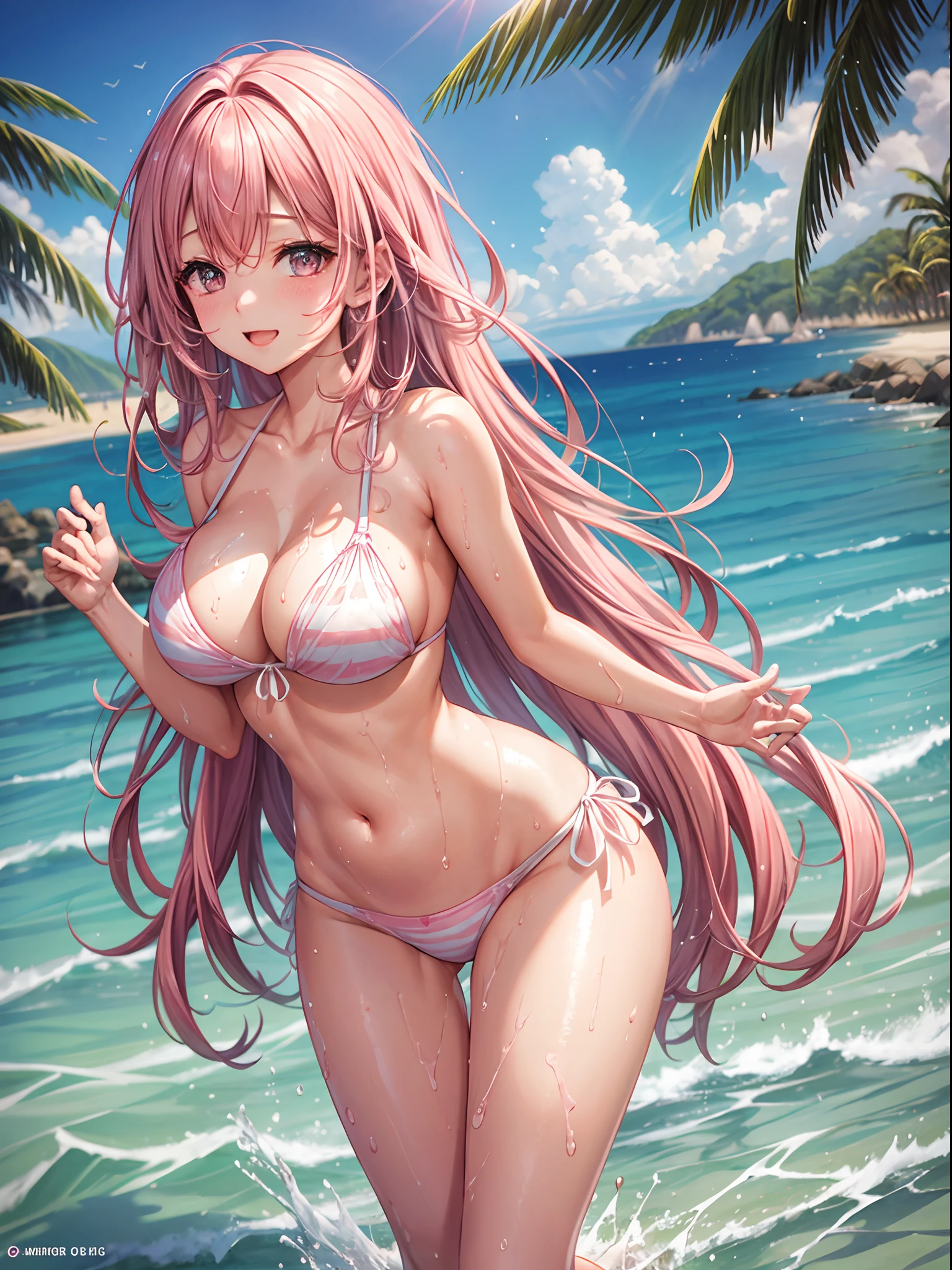 top-quality、Full limbs、complete fingers、One beautiful woman、Beautiful Large Breasts、Long、straight haired、Pink hair、White bikini with pink horizontal lines、Wet texture、splash water、Mare、beach