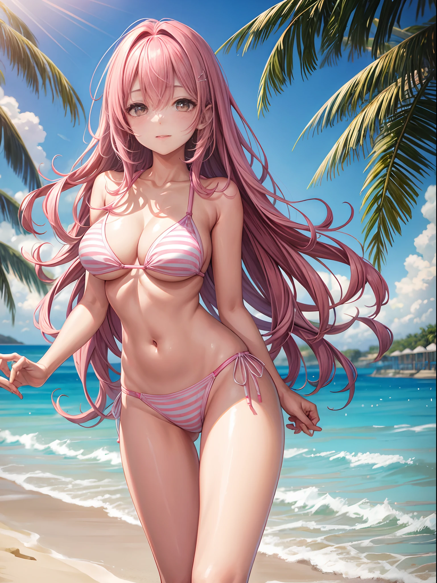 top-quality、Full limbs、complete fingers、One beautiful woman、Beautiful Large Breasts、Long、straight haired、Pink hair、White bikini with pink horizontal lines、Mare、beach