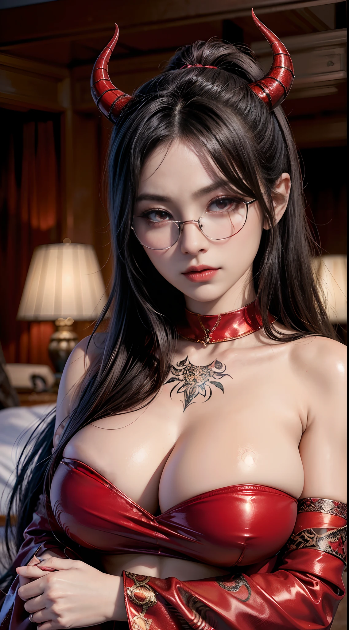 Fine、(The best illustrations)、8k UHD resolution、intricate-detail、top-quality、realisitic、ultra-detailliert、The best lighting、Best Shadows、Soft lighting、Ulutra HD、1 beautiful devil woman from hell, surreal female portraits by David Hockney and Alphonse Mucha, Portrait of a seductive woman、Fantasy Art, Chinese Doll、Dungeon、The dragon、Devil's Palace、Devil's Torture Chamber、magia、 Evil Nun、Dark Necromancer、natta、Dark style、Succubus、Devil's Daughter、Umi Shinonome、Bat Wings,(((Demon Horns)))、((((black-rimmed round glasses))))、(((Colossal tits)))、(Devil's Tail)、(red eyes glowing:1.6)、 intricate tattoos, demonic intricate tattoos, thigh tattoos, body tattoos, masterpiece、beautiful countenance、a baby face、Muscular seductive body、The enchanting body of the devil、Chinese actress、Seductive Black Magic Costume、(((A shiny red snake is wrapped around her body)))、Tindall Effect、photos realistic、(High Detail Skins:1.2)、 (Intricate details, makeup, pureerosface_v1:0.5), (Detailed beautiful delicate face, Detailed beautiful delicate eyes, A perfectly proportioned face, High detailed skin, Detailed skin, best ratio four finger and one thumb, arms below breasts, Tattoo with a red glow under the stomach、Awesome awesome, wide hips, smooth midriff, skiny and thin, __Fashion__, __hair__:1.25)、Digital SLR、hightquality、a picture、hight resolution、 absurderes、Ponytail distortion、1人、Red sparkling gemstone necklace、jewely、Beautiful expression、Body Up、Large breasts emphasis、Toned waist、Wide buttocks、Devil's Tail、intricate tattoos, demonic intricate tattoos, thigh tattoos, body tattoos, effect、Photorealsitic、(High Detail Skins:1.2)、In the Dark, lowkey, cowboy lens, (red phoenix dress: 1.0), Seductive Black Magic Costume、Long hair, Black hair, Bust, Devil's Palace, devil crown, red eyes make up very sharp and detailed, The most beautiful face, Super tight breasts, Breast augmentation surgery, The breasts are very big and round and round, Black magic costume、Super realistic , Charming smile,a baby face、 The eyes