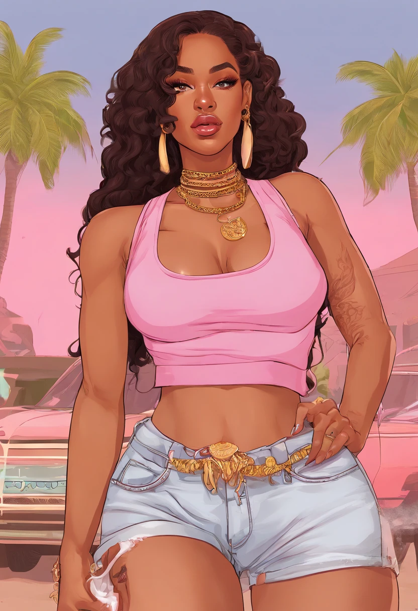 there is a woman with long hair, all light pink background with smoke, from Dominican Republic, licking her lips, sza, gorgeous woman that looks like doja cat, long curly hair, she is wearing a white tank top jean shorts and gold necklace , black hair, black long curly hair, young woman, milf, voluptuous body, thick thighs, big breasts