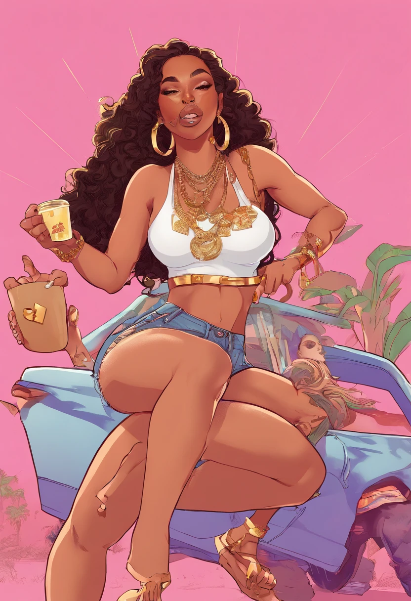 there is a woman with long hair, all light pink background with smoke, from Dominican Republic, licking her lips, sza, gorgeous woman that looks like doja cat, long curly hair, she is wearing a white tank top jean shorts and gold necklace , black hair, black long curly hair, young woman, milf, voluptuous body, thick thighs, big breasts