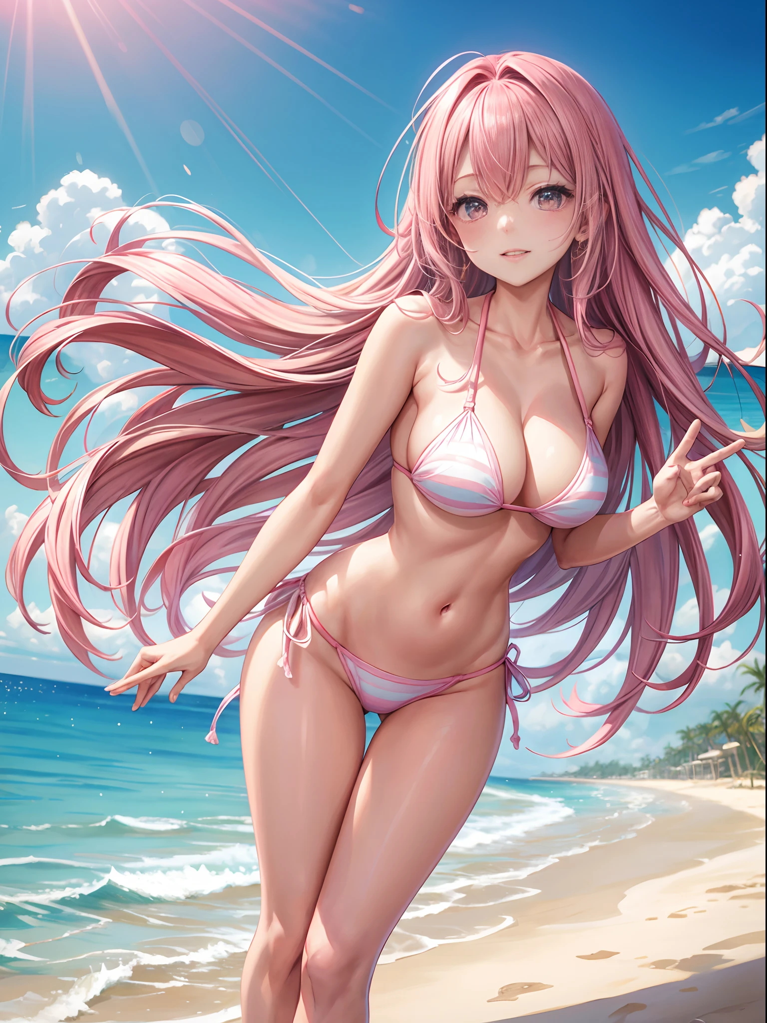 top-quality、Full limbs、complete fingers、One beautiful woman、Beautiful Large Breasts、Long、straight haired、Pink hair、White bikini with pink horizontal lines、Mare、beach