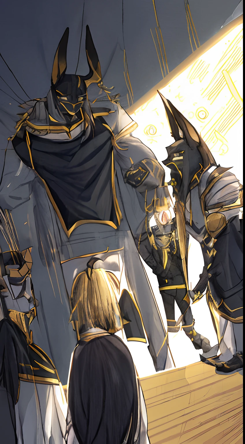 One tall buff male angel with blonde hair, wearing white and golden armor, is squished inbetween six small horny incubus demons in a cramped elevator. The Incubus demons mainly have pink or purple skin, wearing black revealing clothing. THERE MUST BE SIX INCUBUS DEMONS PUSHING AGAINST THE SINGULAR ANGEL. THE ANGEL SHOULD NOT LOOK LIKE THE ICUBUS DEMONS.