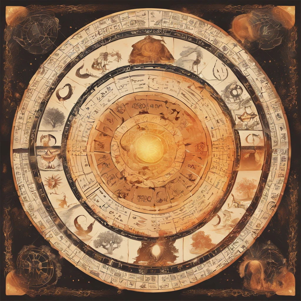 Zodiac symbols pattern, with the sun in the center, divided by the four elements (fire, earth, air, water)