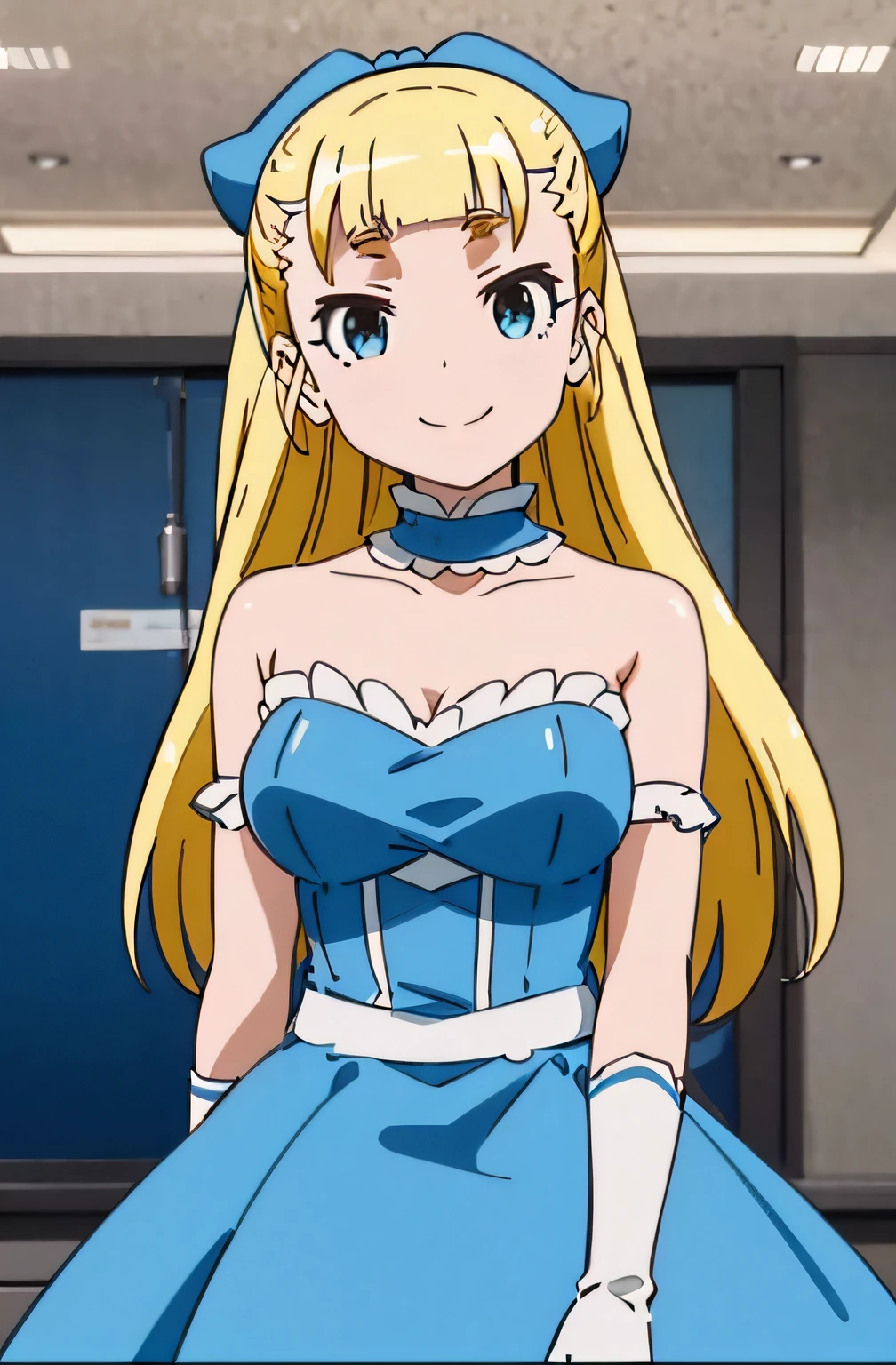 solo, 1girl, arisa ahokainen, blue dress, hair bow, gloves, looking at viewer, smile, wall, upper body, hands behind back