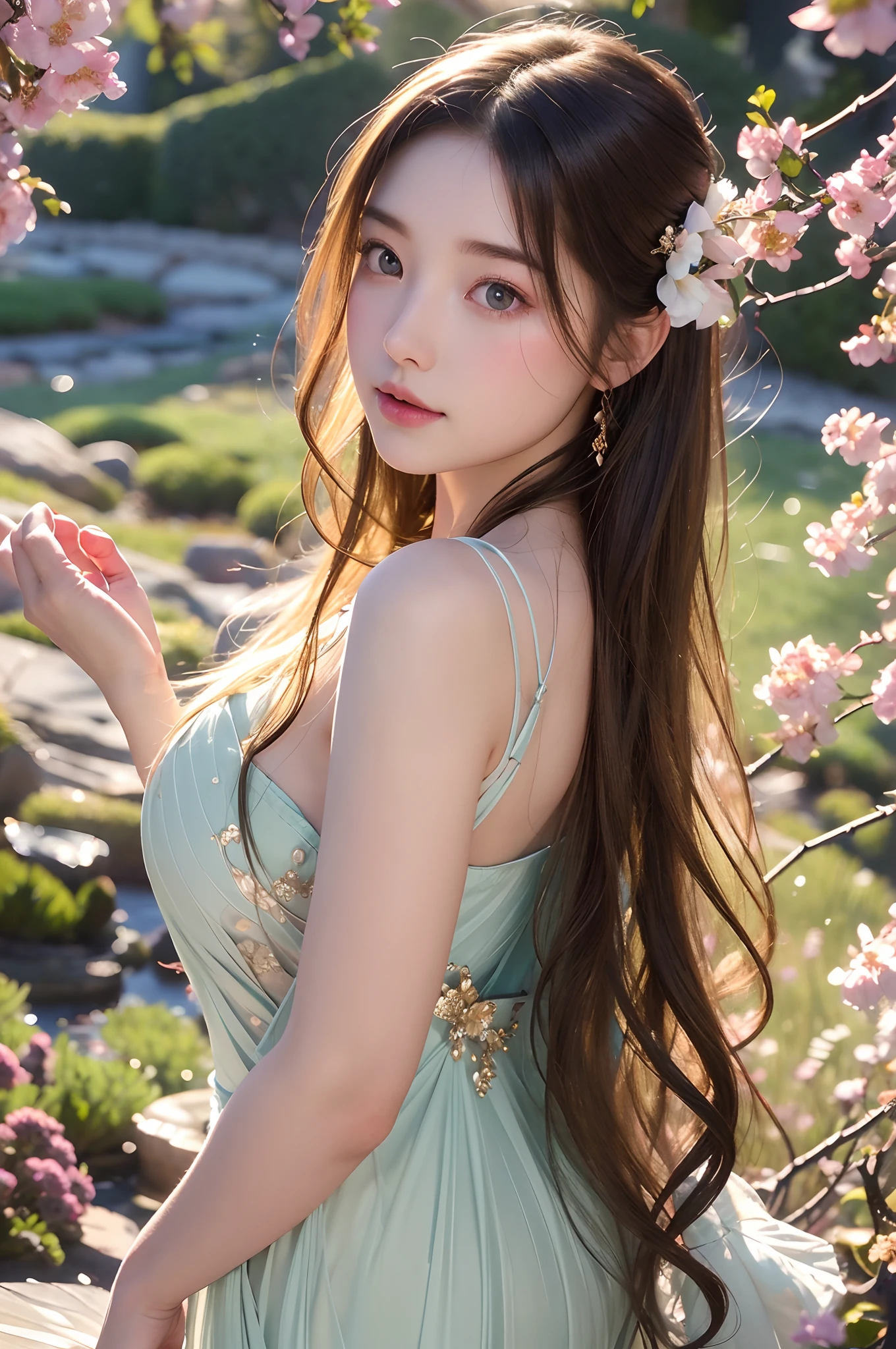 high quality, 8K Ultra HD, full color, etching aquatint, fine lines and shadows, In the heart of Floral Fantasy Wonderland, behold a captivating and ethereal spirit of a beautiful maiden, gracefully adorned with the essence of blooming flowers. Her golden long flowing hair, like silken threads of golden, cascades gracefully down her back, interwoven with delicate floral accents that mirror the surrounding blooms. Her eyes, the color of the deepest forest emeralds, sparkle with a hint of magic and mystery, reflecting the beauty of the floral symphony that surrounds her. In her hand, she holds a delicate bouquet of the most exquisite flowers, their vibrant colors mirroring her own radiant aura. With the clarity and detail of 8K Ultra HD images, every petal, every hue, and every expression of her otherworldly charm come to life in vivid splendor, by yukisakura, high details,
