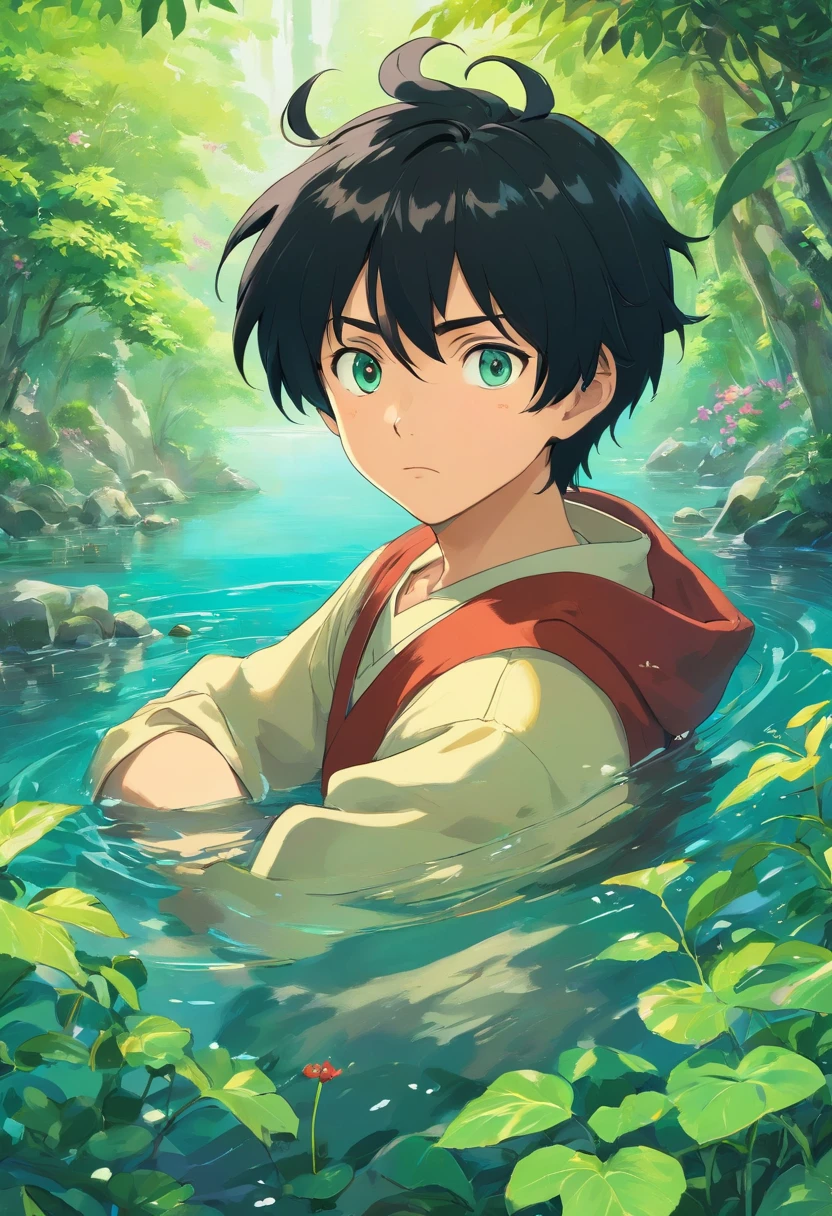 Boy, black hair, olhos verdes brilhantes,no expression,16 anos,estilo de paisagens de jardim tranquilas, animated color photos, Masami Teraoka, aquamarine, Paulo Gauguin, Estilo Embry, retrato honesto