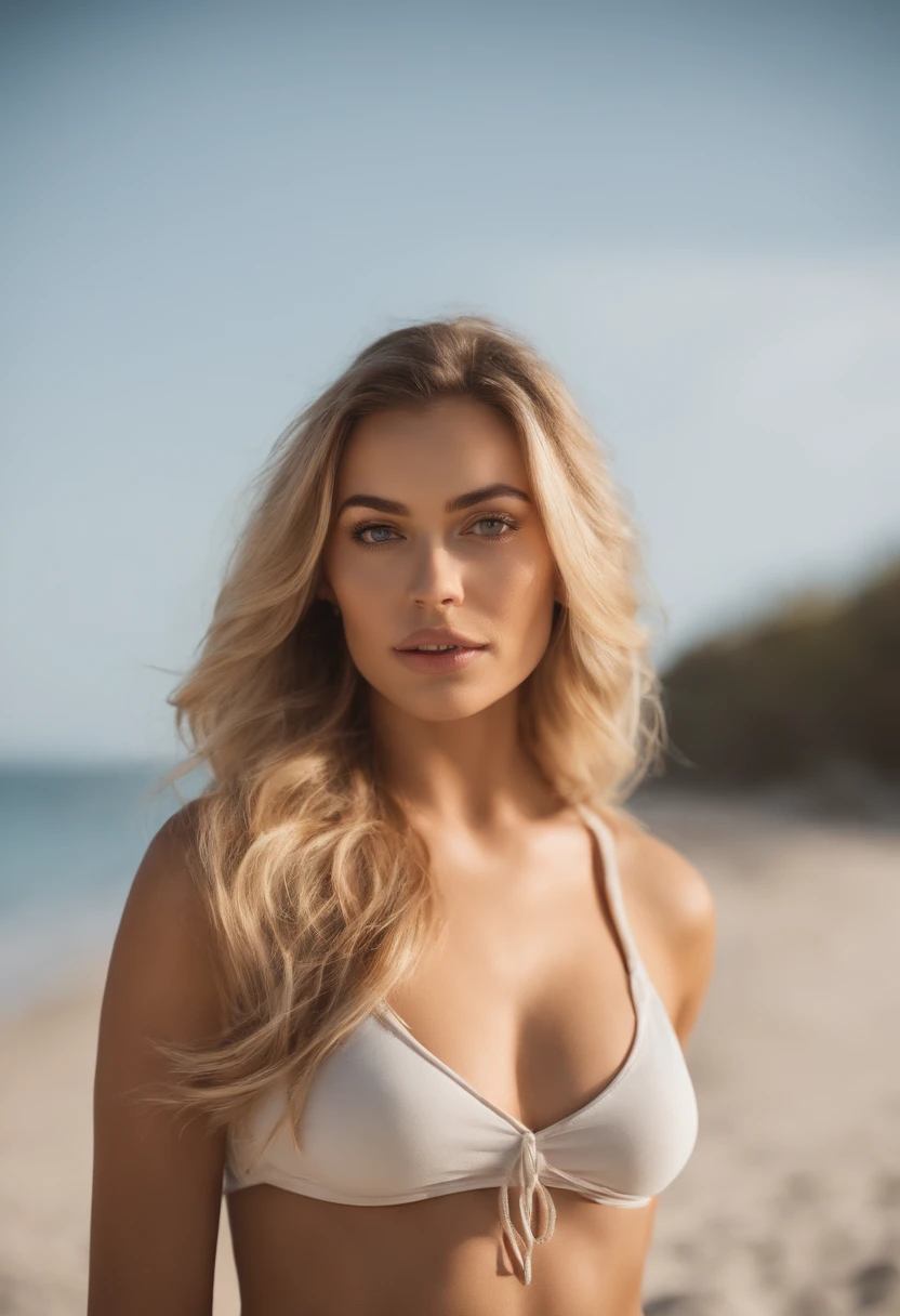 blonde woman with matching tank top and bikini bottom posing on a beach, fille sexy aux yeux bleus, Portrait Sophie Mudd, blur background, best quality, 1girl, Portrait de Corinna Kopf, cheveux blonds et grands yeux, selfie of a young woman, ohne Maquillage, maquillage naturel, Look directly into the camera, Visage avec Artgram, dezentes Maquillage, Superbe photo du corps entier, dans la chambre, Gros seins, Blonde, latina