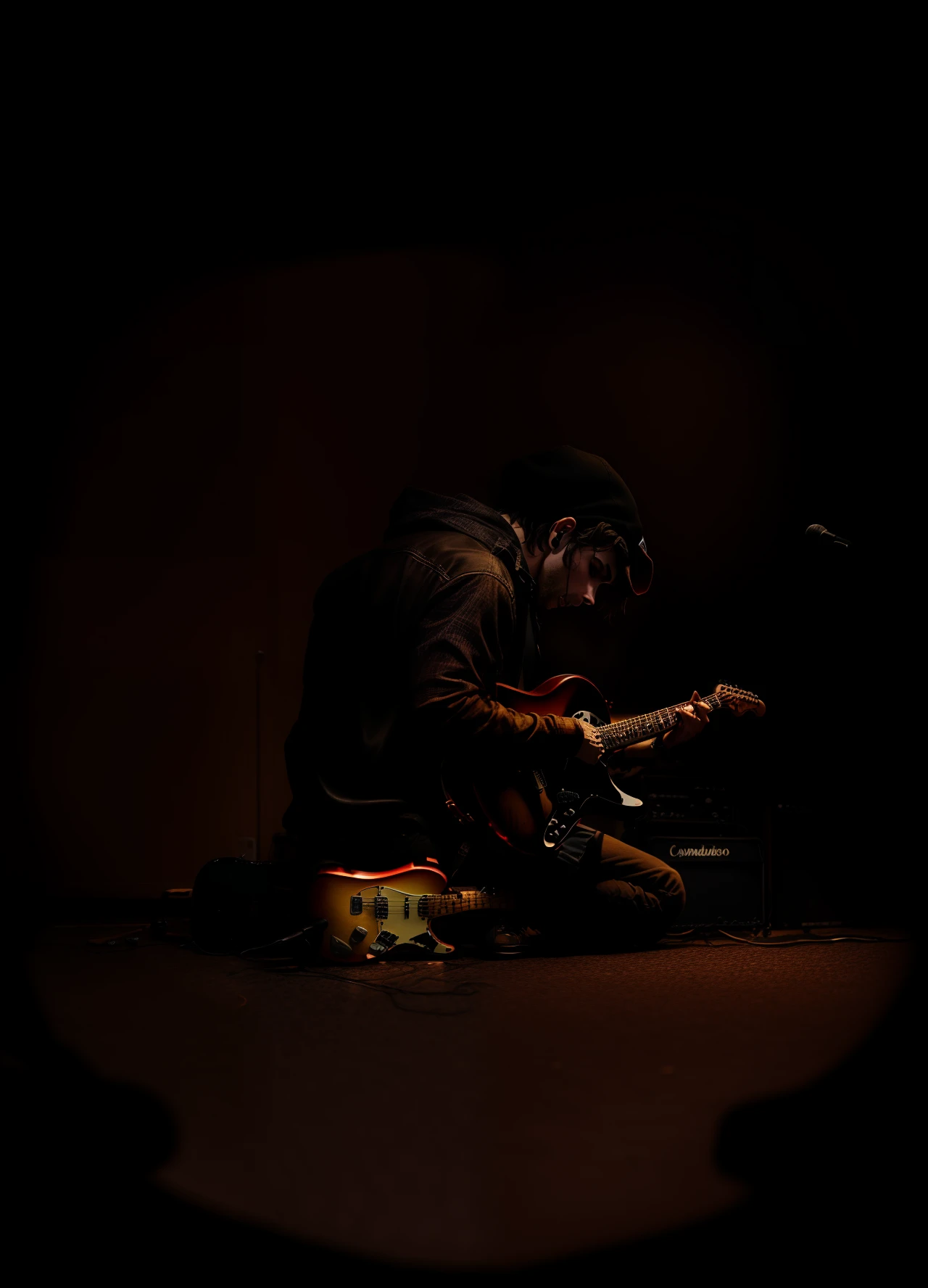 Crie uma imagem de um homem com uma guitarra Telecaster marron madeira tocando em uma banda de worship