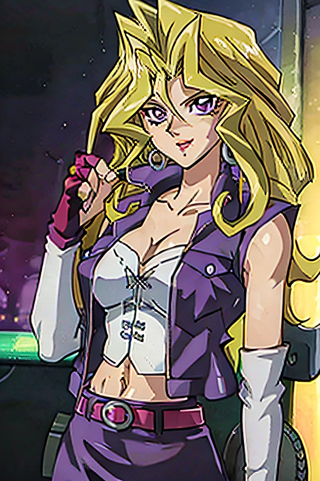 ANIME_mai_valentine_ownwaifu, www.ownwaifu.com, blonde hair, long hair, breasts, purple eyes, navel, medium breasts, lipstick, makeup, bangs, hair between eyes, large breasts, collarbone, very long hair, eyelashes, red lips, spiked hair, hair intakes, cleavage, jewelry, earrings, jacket, midriff, gloves,skirt, belt, miniskirt, fingerless gloves, vest, elbow gloves, open clothes, pencil skirt, detached sleeves, purple skirt, thighhighs, open jacket, purple jacket, 1girl, solo, facing viewer, looking at viewer, upper body, smile.