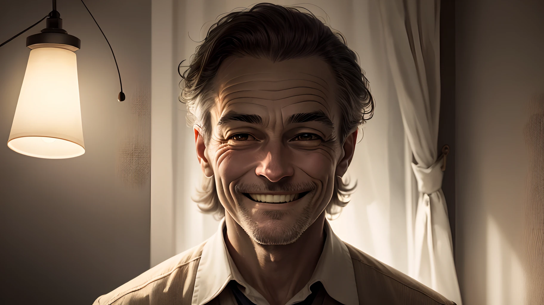 Creepy man smiling in the middle of a dark room illuminated by a lamp, realistic light, realistic, severity camera point of view
