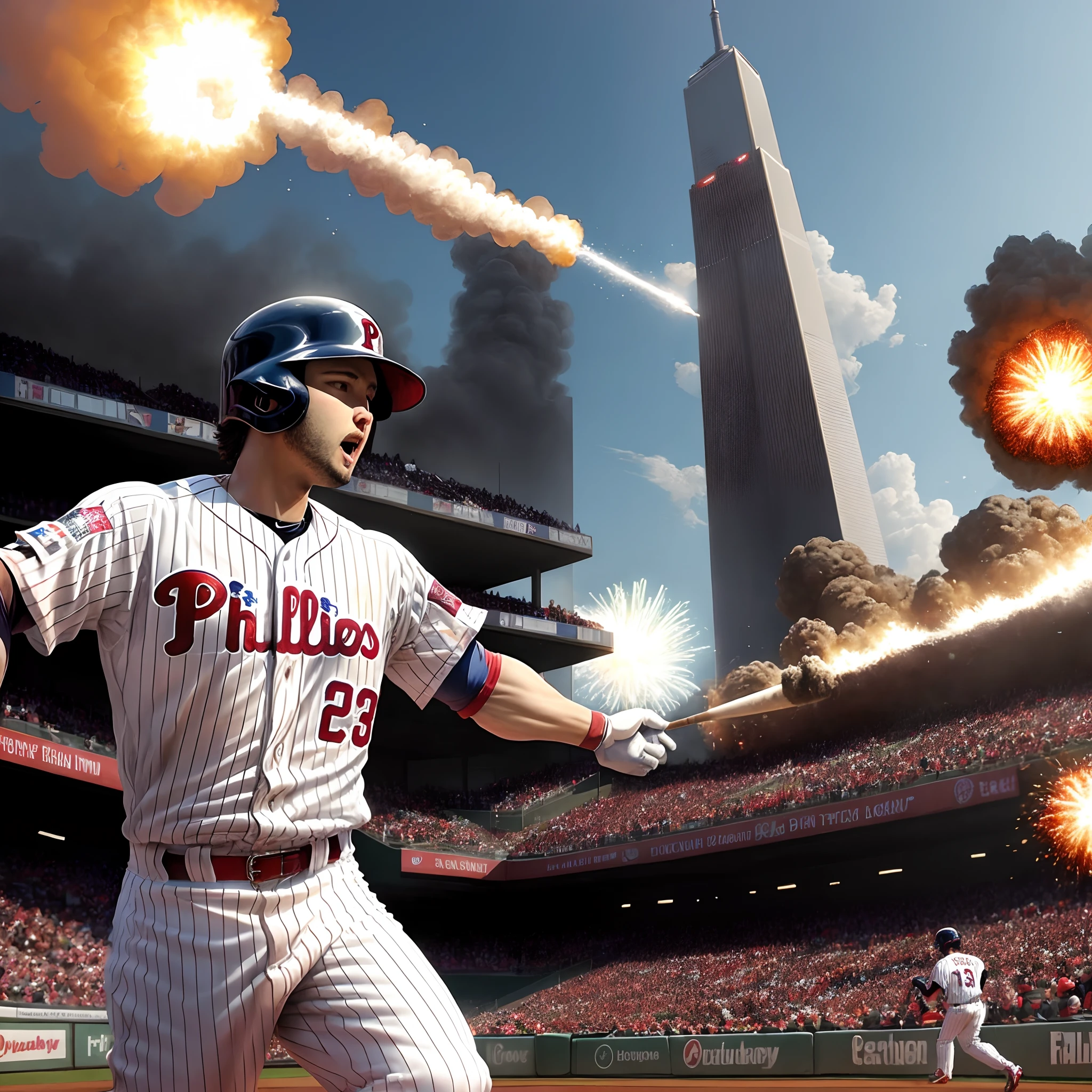 Nick castallanos from the Phillies hitting a homerun into the twin towers as they explode