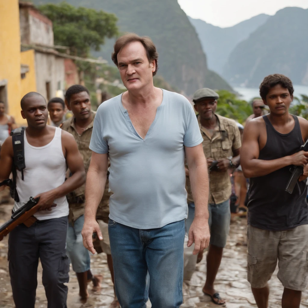 "Quentin Tarantino on vacation in Rio de Janeiro with people carrying weapons in the favela."