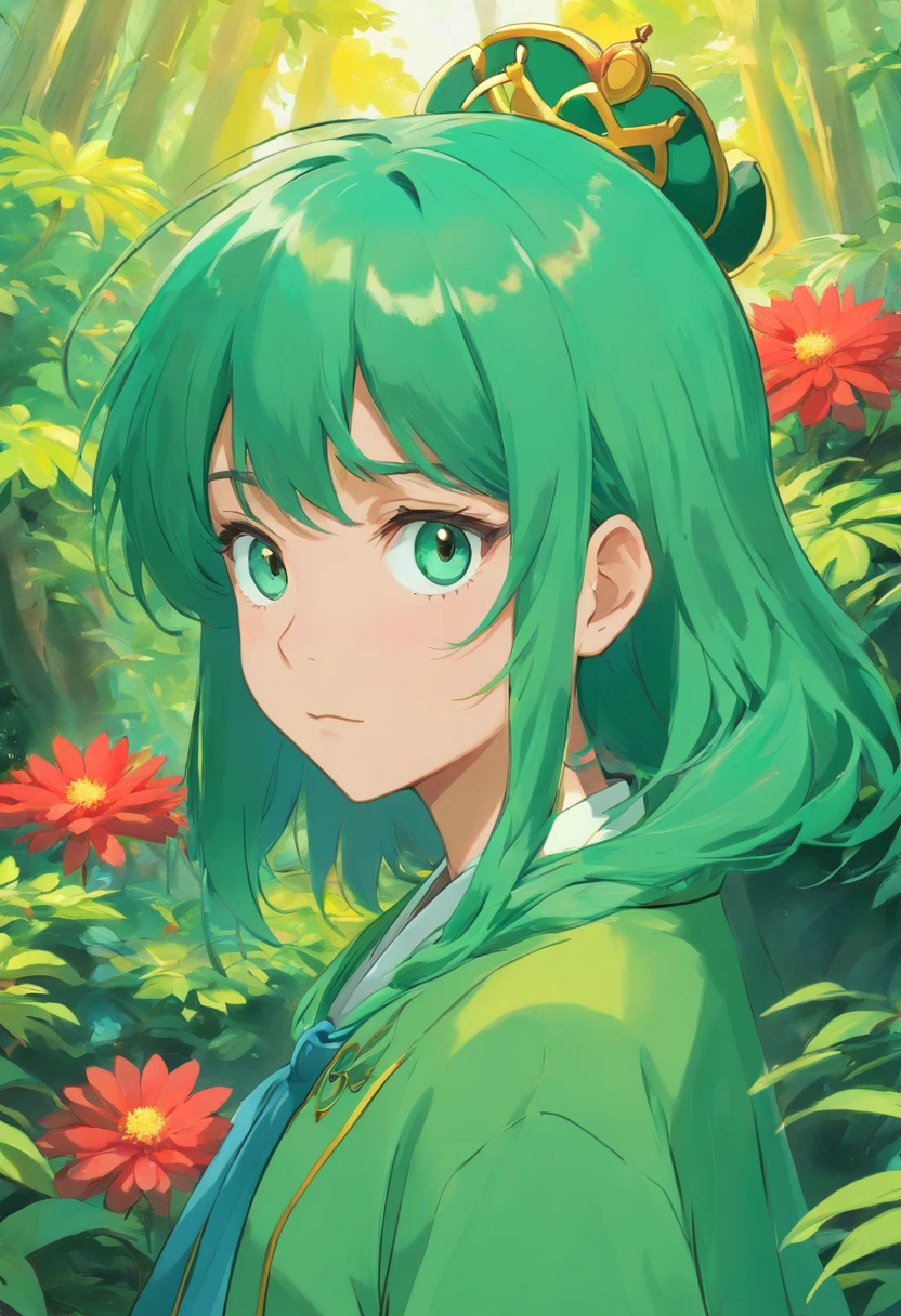 Boy, cabelos pretos, olhos verdes brilhantes,no expression,16 anos,estilo de paisagens de jardim tranquilas, fotos coloridas animadas, Masami Teraoka, aquamarine, Paulo Gauguin, Estilo Embry, Retrato honesto,cabelo curto,Jade crown on head,brincos de ouro,roupa da realeza branca