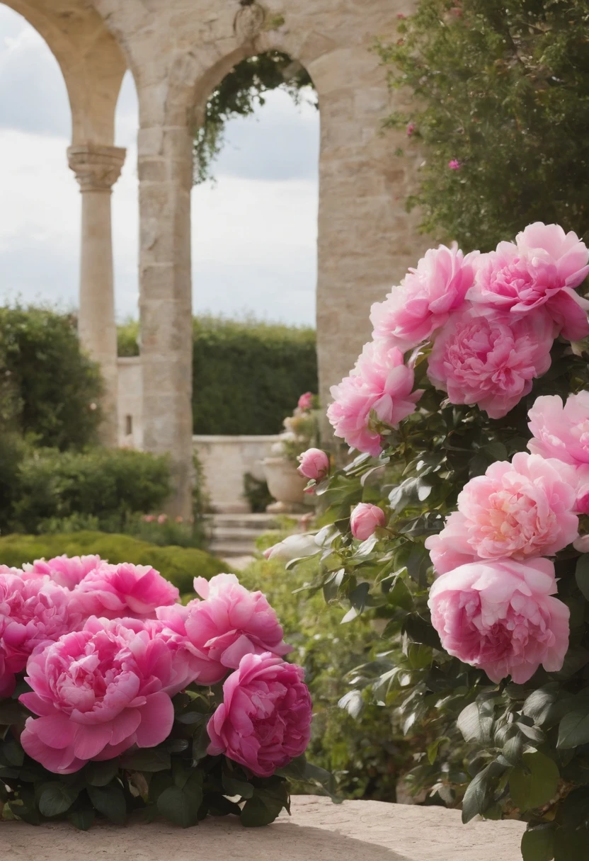 A garden with roses, peonies, and other beautiful flowers. The garden should have a classic and elegant look, with symmetrical shapes and well-manicured hedges. The plants should be arranged in a way that creates a sense of luxury and indulgence, with plenty of seating areas to relax and enjoy the beauty.