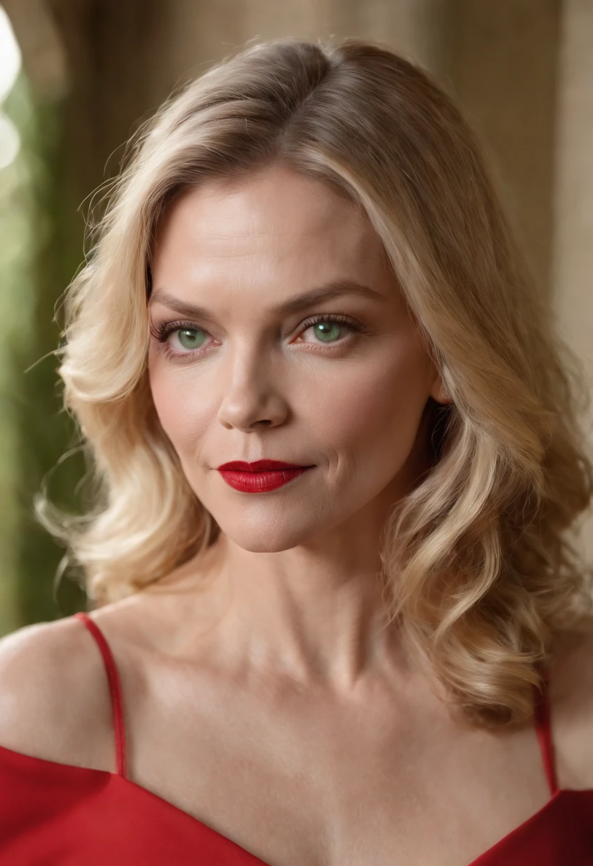 masterpiece, best quality, a close portrait of Michelle Pfeiffer in the 70s, blonde hair, short hair, green eyes, makeup, red lips, a expensive red dress