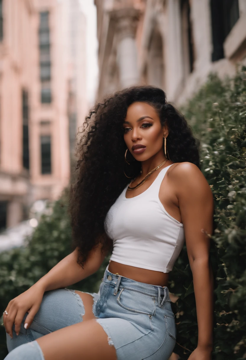 there is a woman with long hair, all light pink NYC background with smoke around her, from Dominican Republic, licking her lips, sza, gorgeous woman that looks like doja cat, long curly hair, she is wearing a white tank top jean shorts and gold necklace , black hair, black long curly hair, young woman, milf, voluptuous body, thick thighs