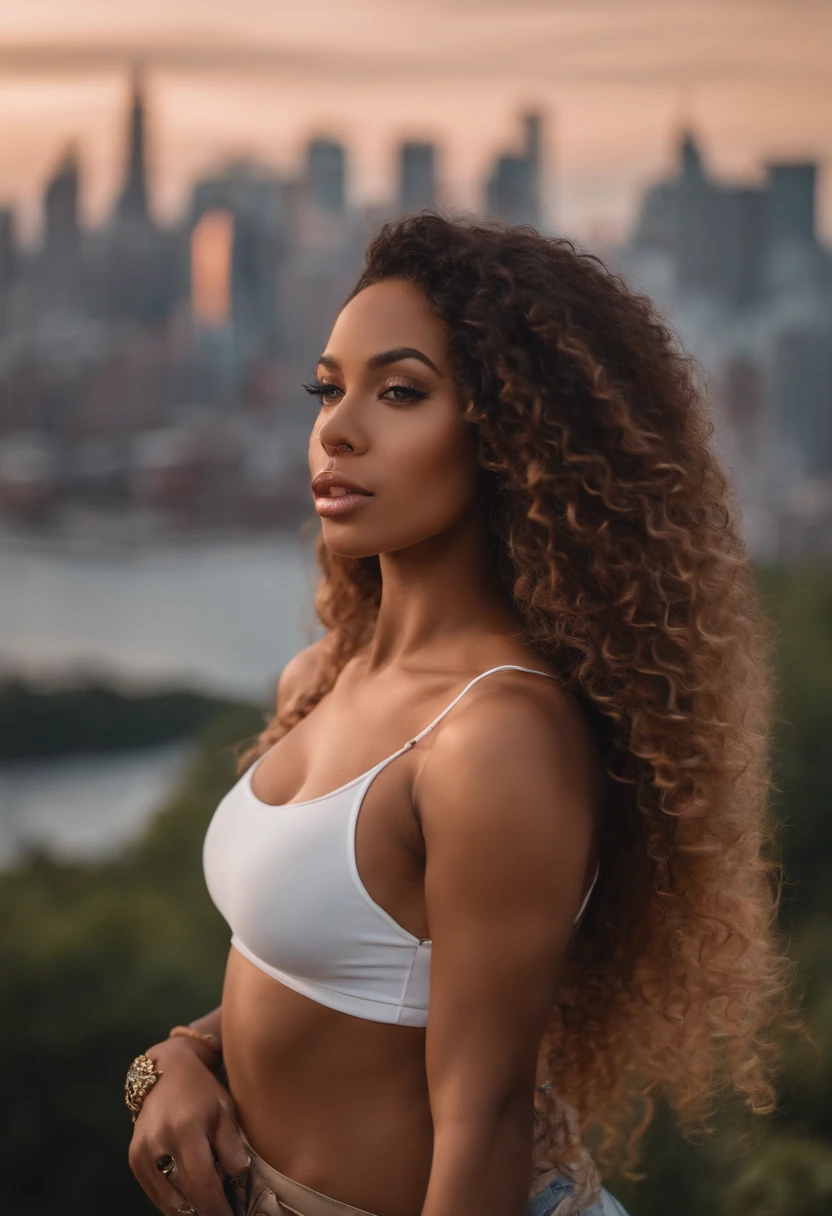 there is a woman with long hair, all light pink NYC background with smoke around her, from Dominican Republic, licking her lips, sza, gorgeous woman that looks like doja cat, long curly hair, she is wearing a white tank top jean shorts and gold necklace , black hair, black long curly hair, young woman, milf, voluptuous body, thick thighs