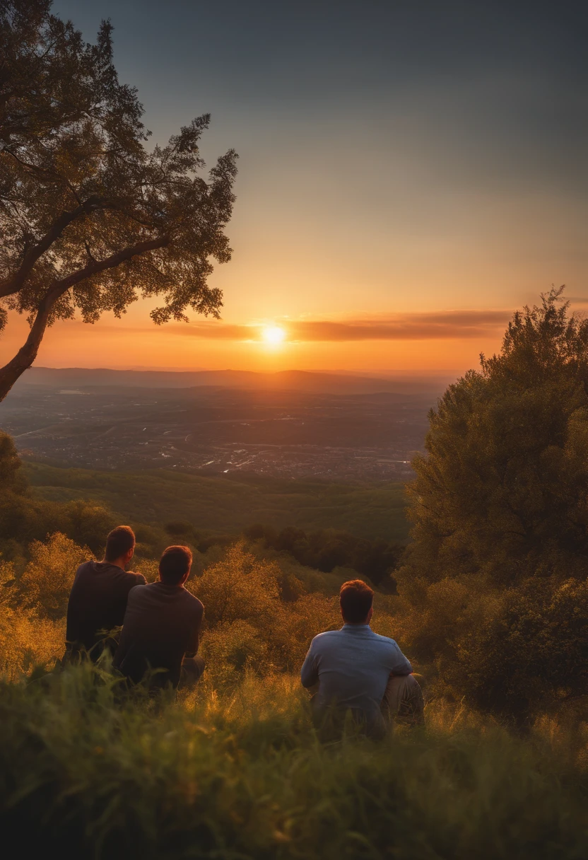 Dois amigos sentados em uma montanha conversando, In the background you can see the city, trees next to them, Sunset, Very detailed illustration, HDR COMPLETO