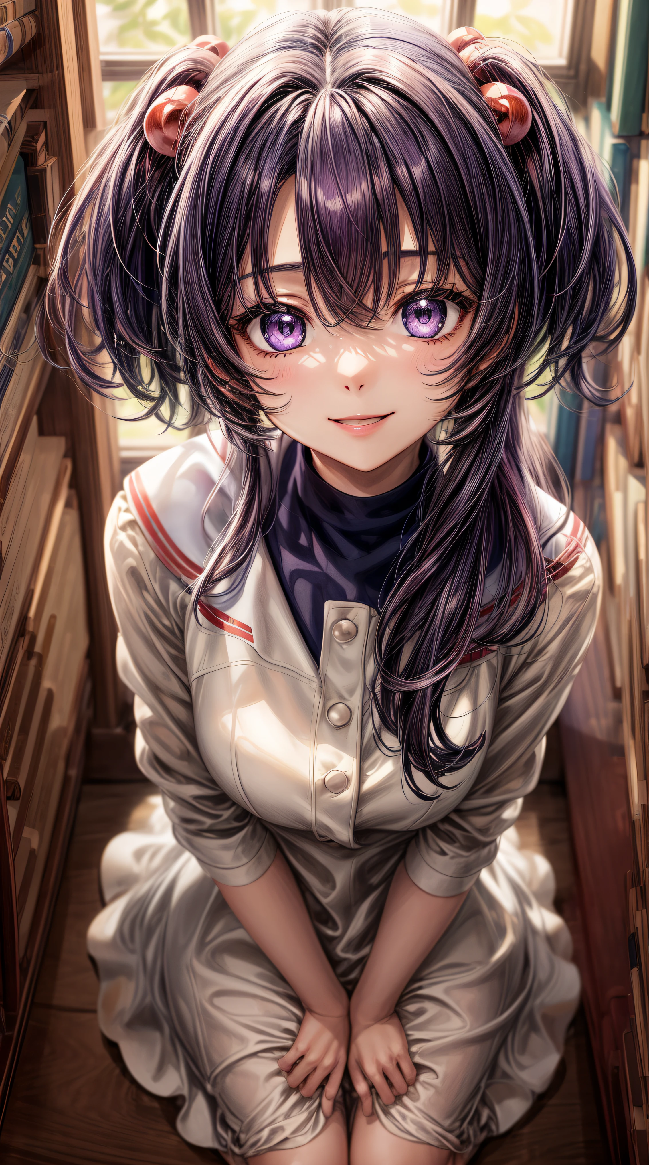 anime art, (masterpiece, best quality, perfect face, highest detailed face, colorful), 1girl. (((Kotomi))), face focus, full body, (((white dress:1.2))), purple hair, purple eyes, slight smile, beautiful eyes, looking at viewer, library at background, sunlight passing through hair, (extreme detailed, intricate details, cozy light)