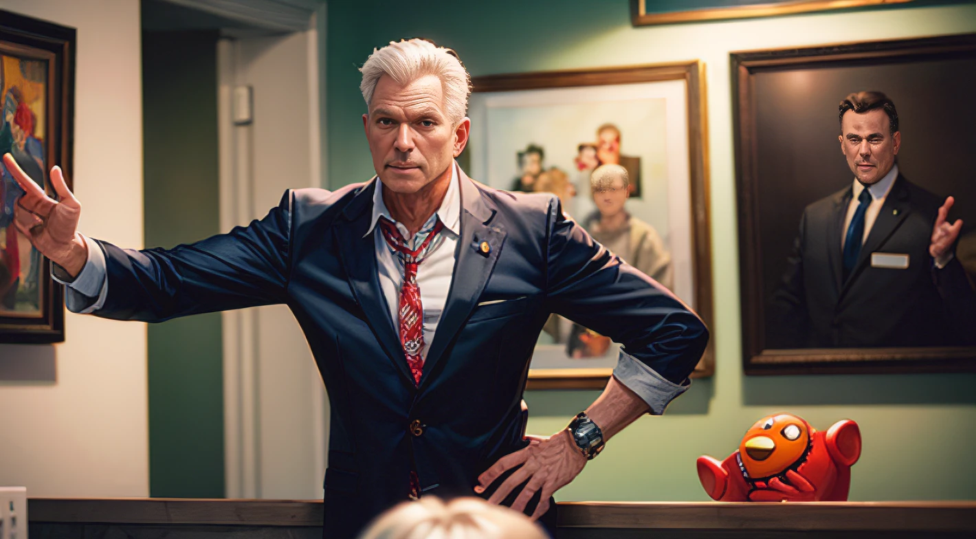 SCP-661, from SCP lore, SCP-661 is a 50's-year-old or so Caucasian male, dressed as a salesman, masterpiece, art by Jeff Koons and EDWARD VON STEINLE