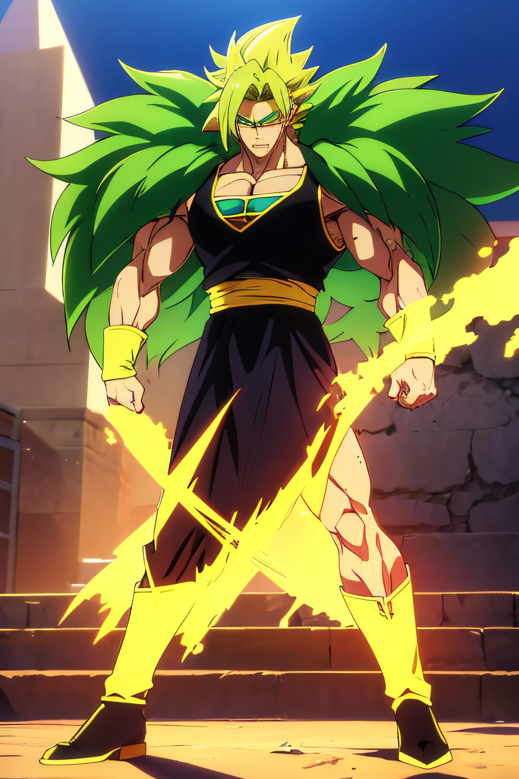 cor da pele:
Broly tem uma pele de cor verde-claro, which is a distinguishing feature of Saiyans when they transform into legendary Super Saiyans. The skin is pale and slightly discolored, which gives it a unique look.

cabelo:
Her hair is black and has a wild, Bristly appearance. It has dark locks that extend in various directions, dando-lhe um olhar desgrenhado. When Broly transforms into a legendary Super Saiyan, seu cabelo muda de cor para um verde intenso e fica ainda mais descontrolado, com mechas espetadas.

olhos:
Broly's eyes have dark irises and no visible pupils. No entanto, when he transforms into a legendary Super Saiyan, seus olhos se tornam completamente brancos, no irises or pupils. Eles brilham com uma aura de poder avassalador.

garments:
Broly wears the classic Saiyan costume, composto por uma camisa sem mangas, uma faixa de luta amarrada na cintura, Combat tights and boots. The costume is usually a combination of shades of green, marrom e amarelo. Certifique-se de incluir esses detalhes em seu modelo.

tamanho:
Broly is known for his immense stature. He is significantly taller and more muscular than most Dragon Ball characters. Be sure to represent your physical greatness.

Cicatriz 
Alguns designs de Broly incluem uma cicatriz em forma de cruz na testa. This scar is the result of a traumatic incident in his childhood. You can choose to include or omit this scar, depending on your preference.

Accessories 
In some versions, Broly wears a metallic headband on his forehead. This accessory can be used to restrict your energy. The inclusion or exclusion of this accessory is also a design choice.