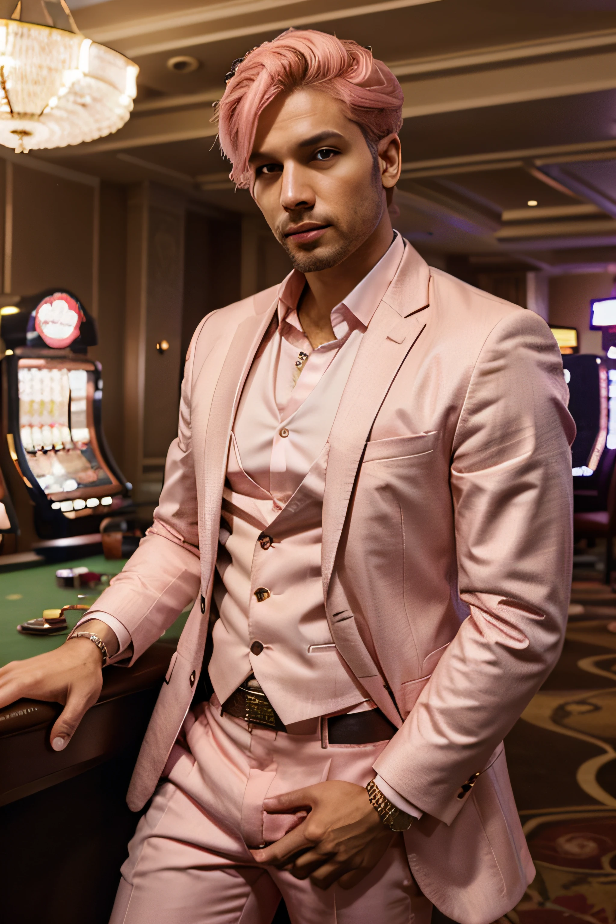 Man with salmon pink hair, barba curta, Fancy clothes and you're in a casino
