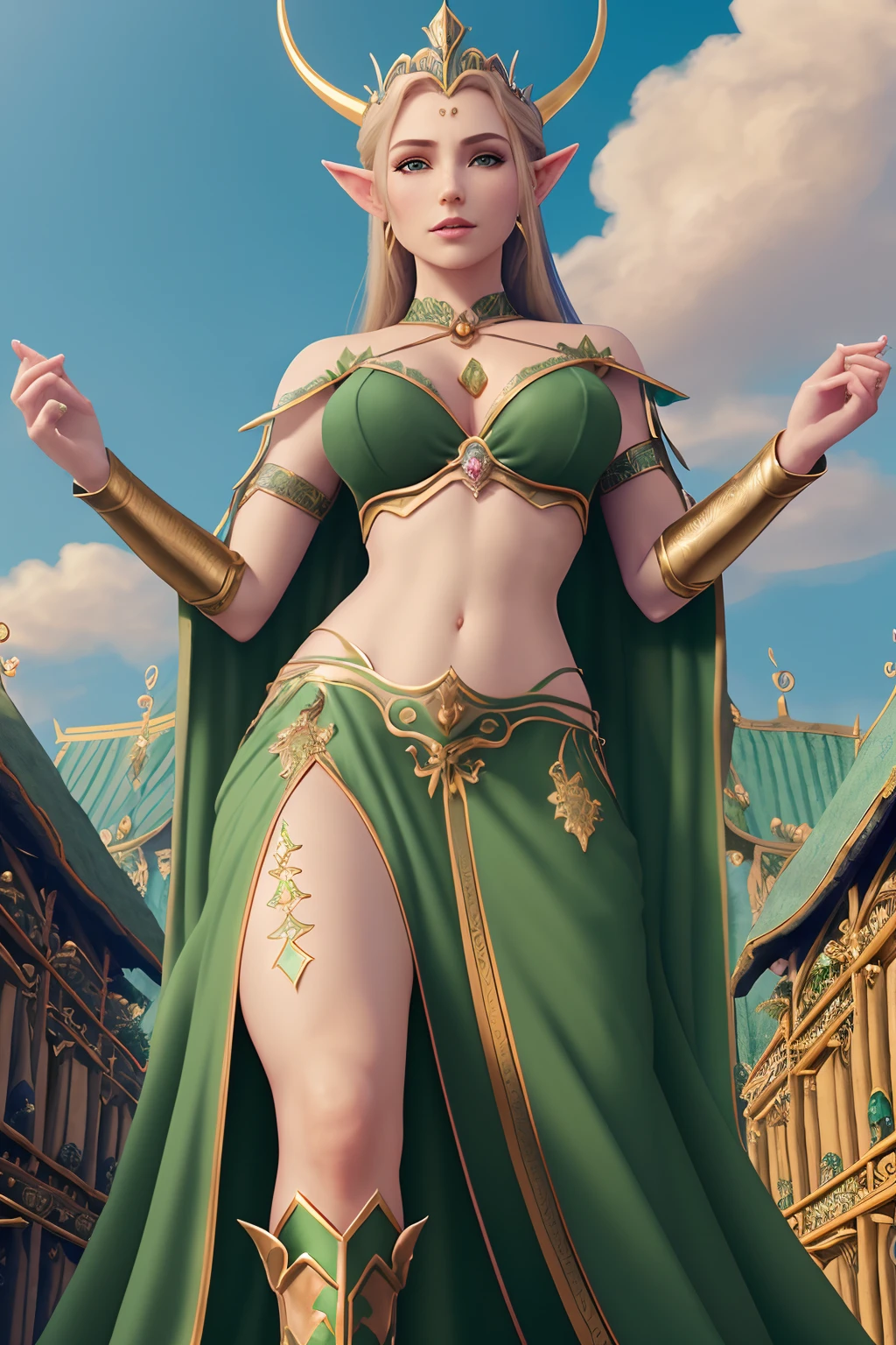 Giantess woman in a green dress and gold jewelry, elf queen, towering over village, midriff exposed, a beautiful fantasy empress, elfic priestess, ((a beautiful fantasy empress)), beautiful and elegant elf queen, stunning character art, beautiful and elegant female elf, beautiful elf with ornate robes, female mage, epic exquisite character art, beautiful character