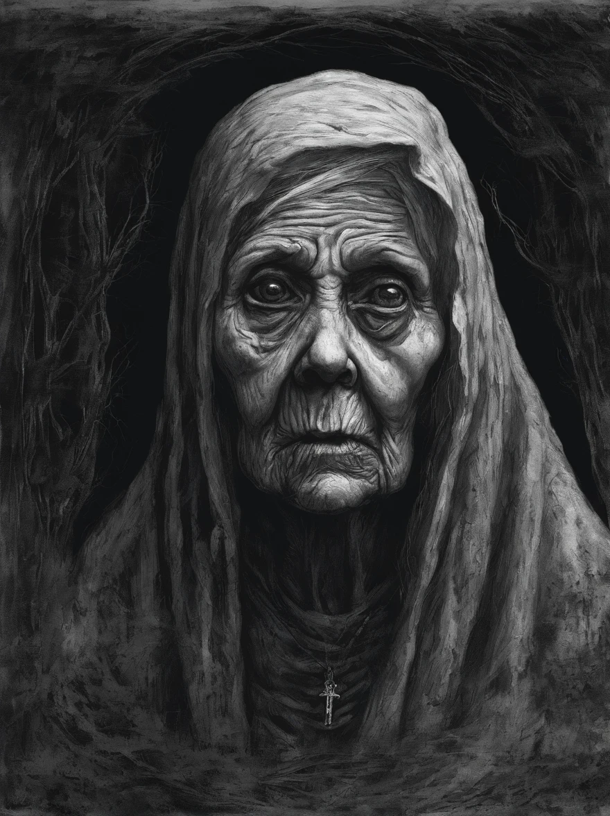 very old woman , black and white , blair witch