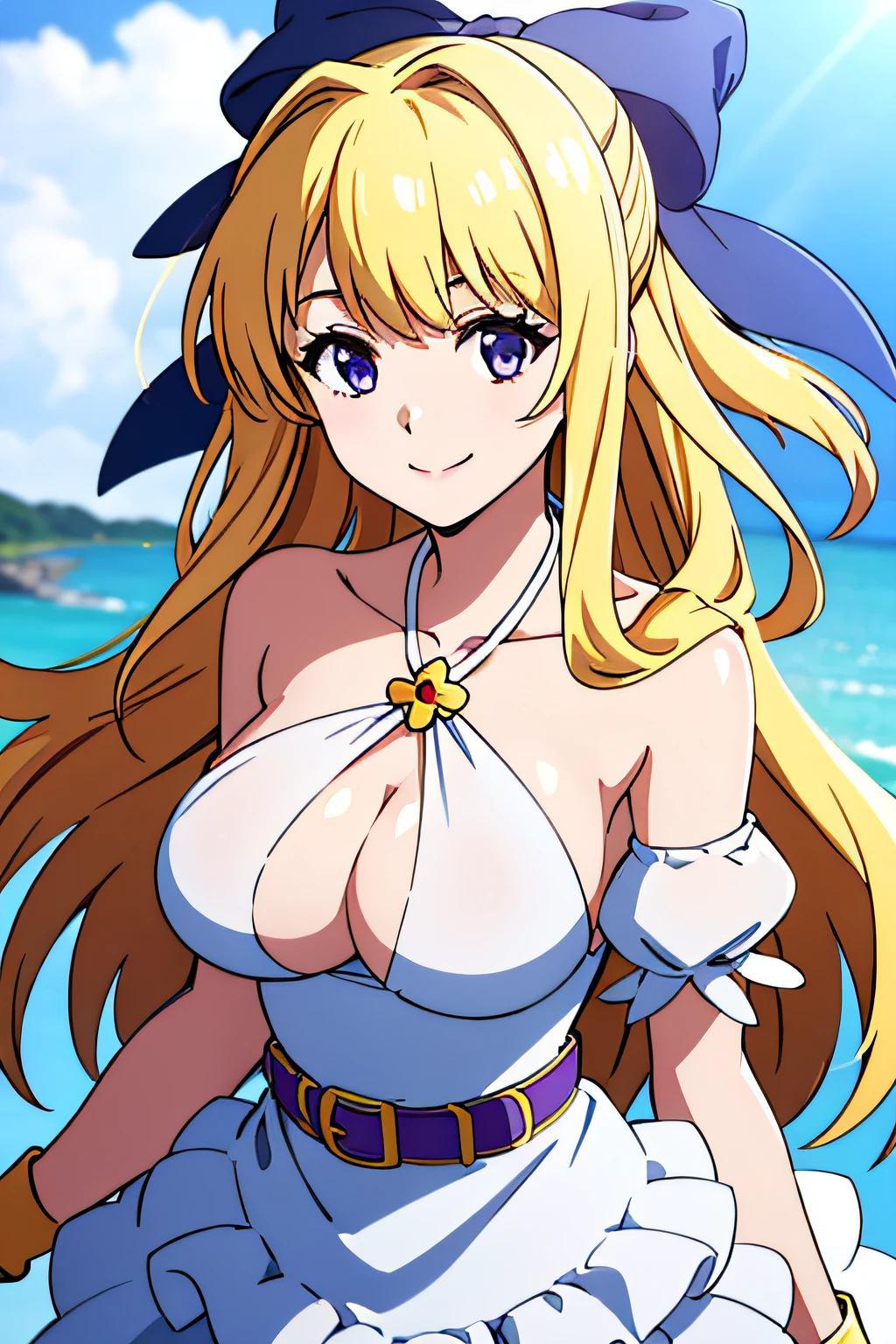 AARISTA, LONG HAIR, BLONDE HAIR, HAIR BOW, BLUE BOW, BARE SHOULDERS, HALTERNECK, CLEAVAGE, WHITE DRESS, DETACHED SLEEVES, BRACELET, PURPLE BELT, 1girl, solo, facing viewer, looking at viewer, upper body, smile.