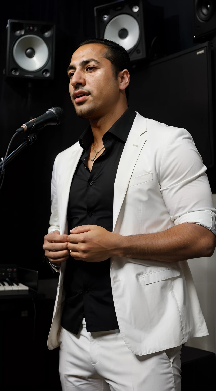 Handsome araffe singer in white suit and black shirt standing in front of a microphone, imagem promocional, taken in the early 2020s, Music Studio Still, olhando para o lado, foto ainda, cantor no show de voz, Executar, Devagar, programa de tv ainda, promo ainda, no fundo preto, Hicham Habchi, solid background