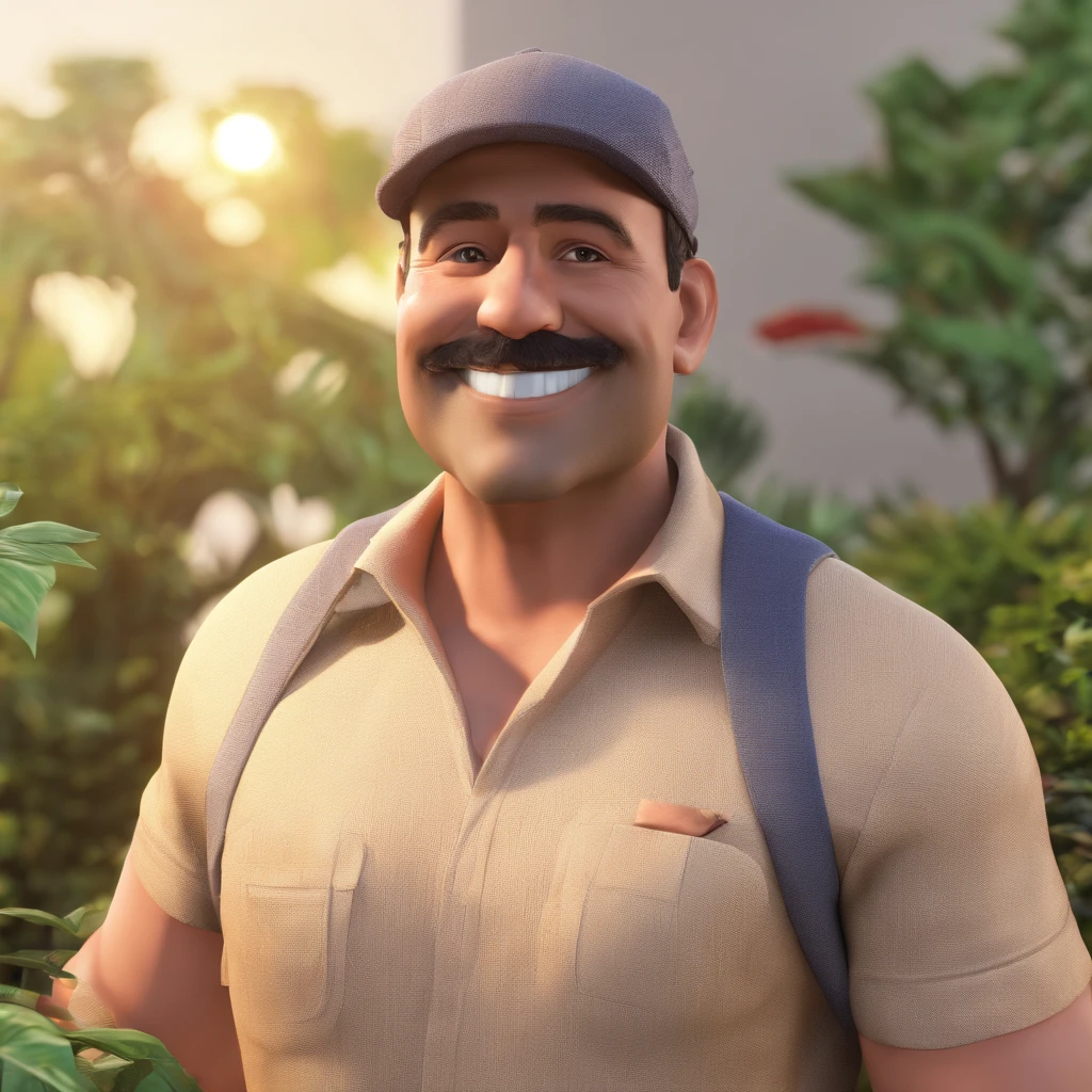Carlão is a smiling 40-year-old human man, com poucos cabelos deitados no jardim vestido com blusa vermelha e causa branca