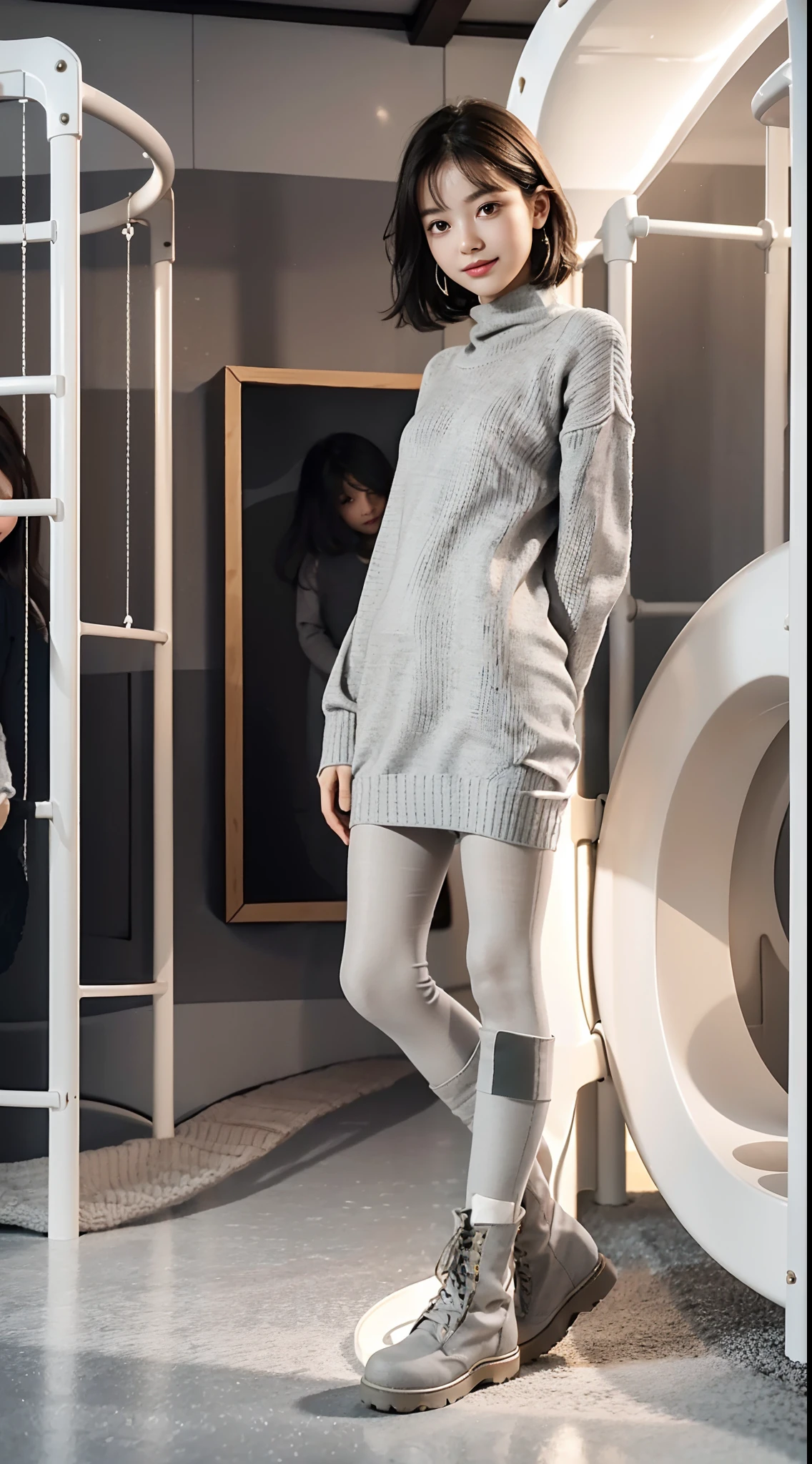(shoulder length straight short black hair:0.8), （Extremely meticulous CG 8k wallpaper），（Extremely refined and beautiful），（Masterpiece），（best qualtiy：1.0），（Ultra High Resolution：1.0），beautiful light up，Perfect lightning，realistic shaded，[A high resolution]，Smooth and flawless fair skin，Extremely exquisite facial details,(perfect body:1.1），ultra - detailed,A beautiful girl,small head,(Small breasts:1.1),Flat chests,slim,thin,Smile,cheerfulness,(light Grey sweater dress:1.5),(white pantyhose:1.4),(military boots:1.3),standing,(In an indoor children's playground:1.5),bright lights,Portrait photo,from side,cowboy shot,upper body
