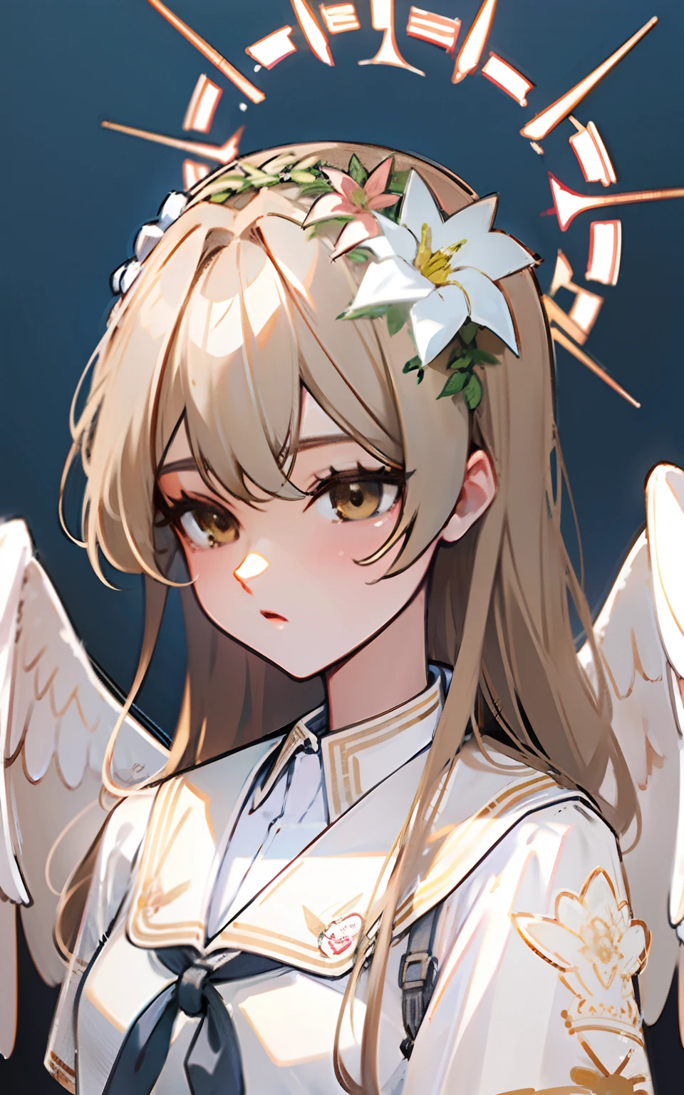 HD, (best detail) (Best quality), Brown eyes,Angel wings,angelic halo,Floral headdress,Long blonde hair