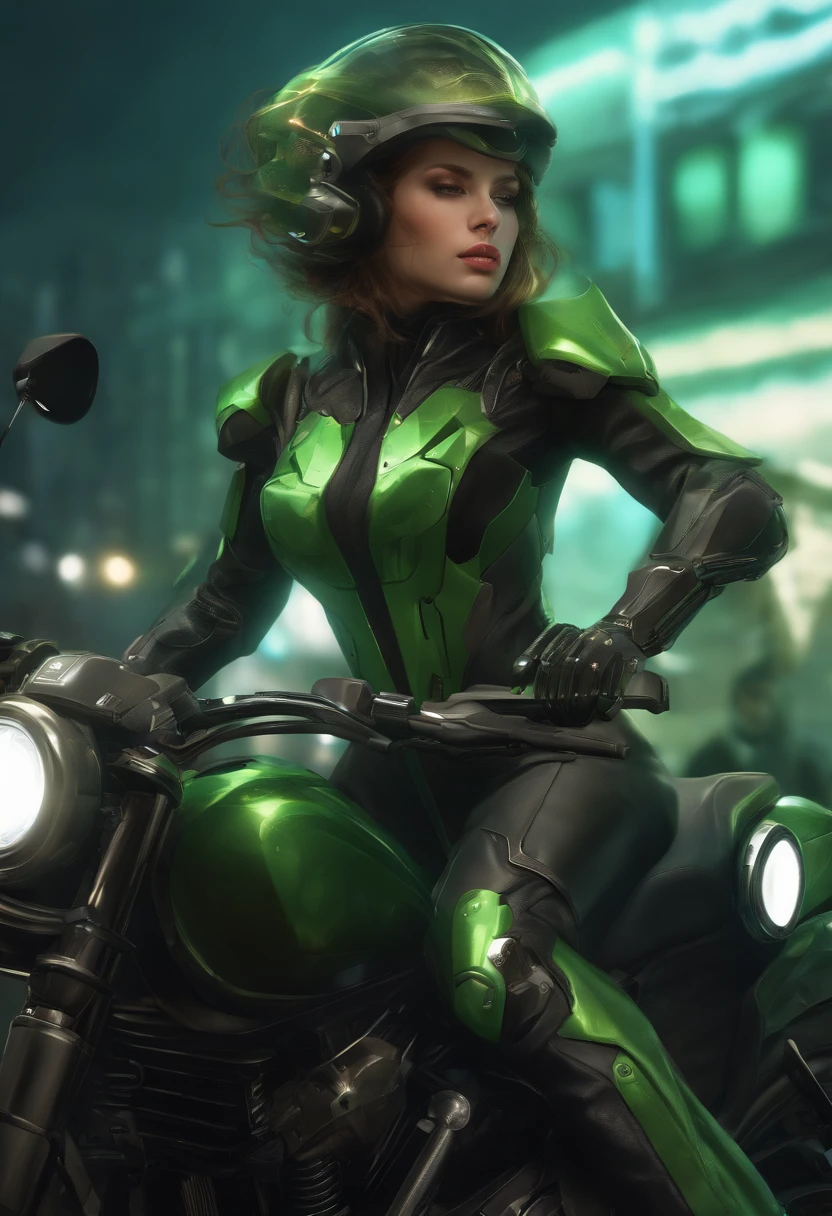 Highest image quality, excellent details, Ultra-high resolution, (Realism: 1.4), The best illustrations, favor details, Highly condensed 1girl, with a delicate and beautiful face, Dressed in black and green mechs, Wearing a mecha helmet, holding a directional controller, riding on motorcycle, the background is a high-tech lighting scene of the futuristic city. surreal illustration, Surreal rendering, Clean digital rendering, photo realistic render, surreal illustration