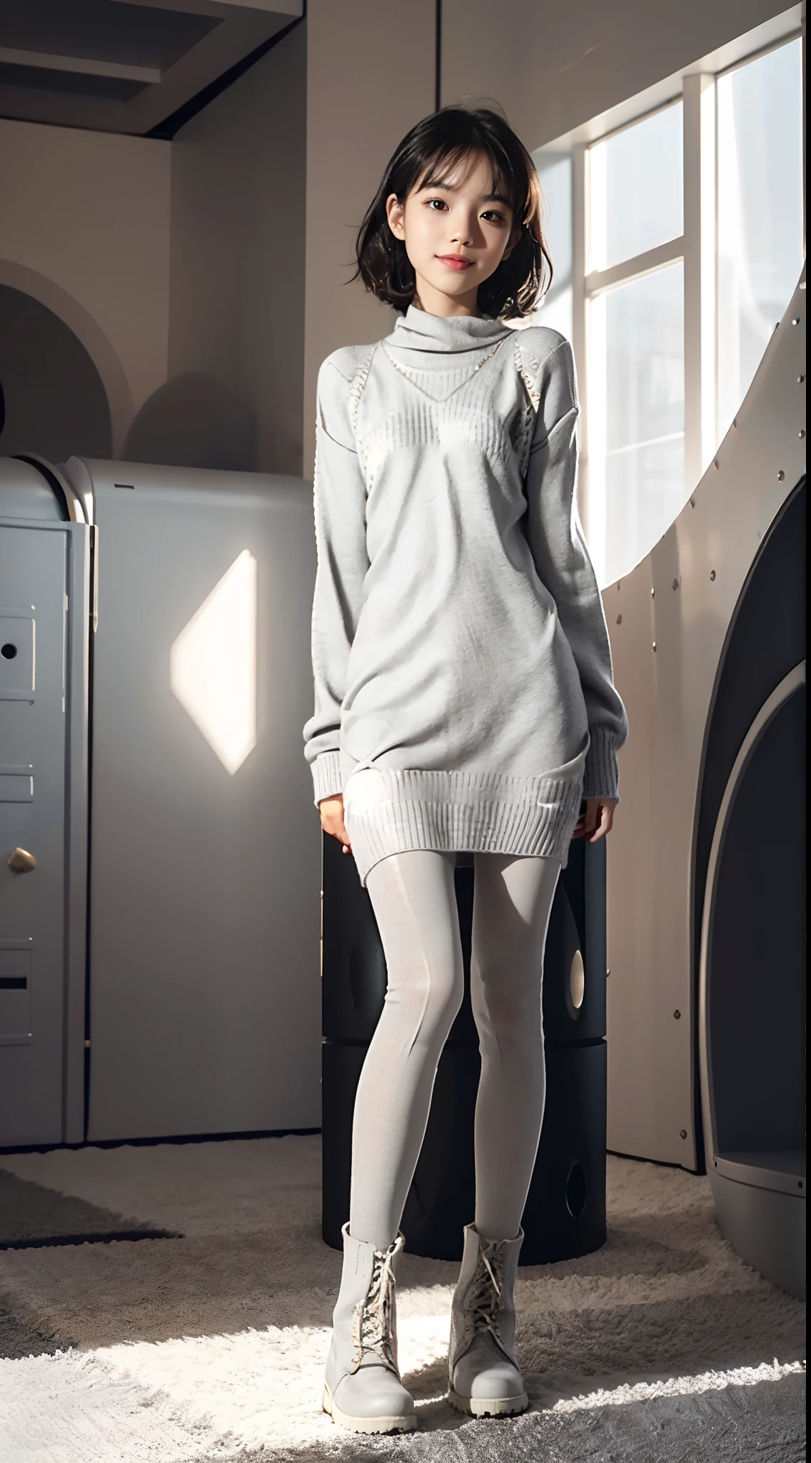 (shoulder length straight short black hair:0.8), （Extremely meticulous CG 8k wallpaper），（Extremely refined and beautiful），（Masterpiece），（best qualtiy：1.0），（Ultra High Resolution：1.0），beautiful light up，Perfect lightning，realistic shaded，[A high resolution]，Smooth and flawless fair skin，Extremely exquisite facial details,(perfect body:1.1），ultra - detailed,A beautiful girl,small head,(Small breasts:1.1),Flat chests,slim,thin,Smile,cheerfulness,(light Grey sweater dress:1.5),(white pantyhose:1.4),(military boots:1.3),standing,(In an indoor children's playground:1.5),bright lights,Portrait photo,from side,cowboy shot,upper body