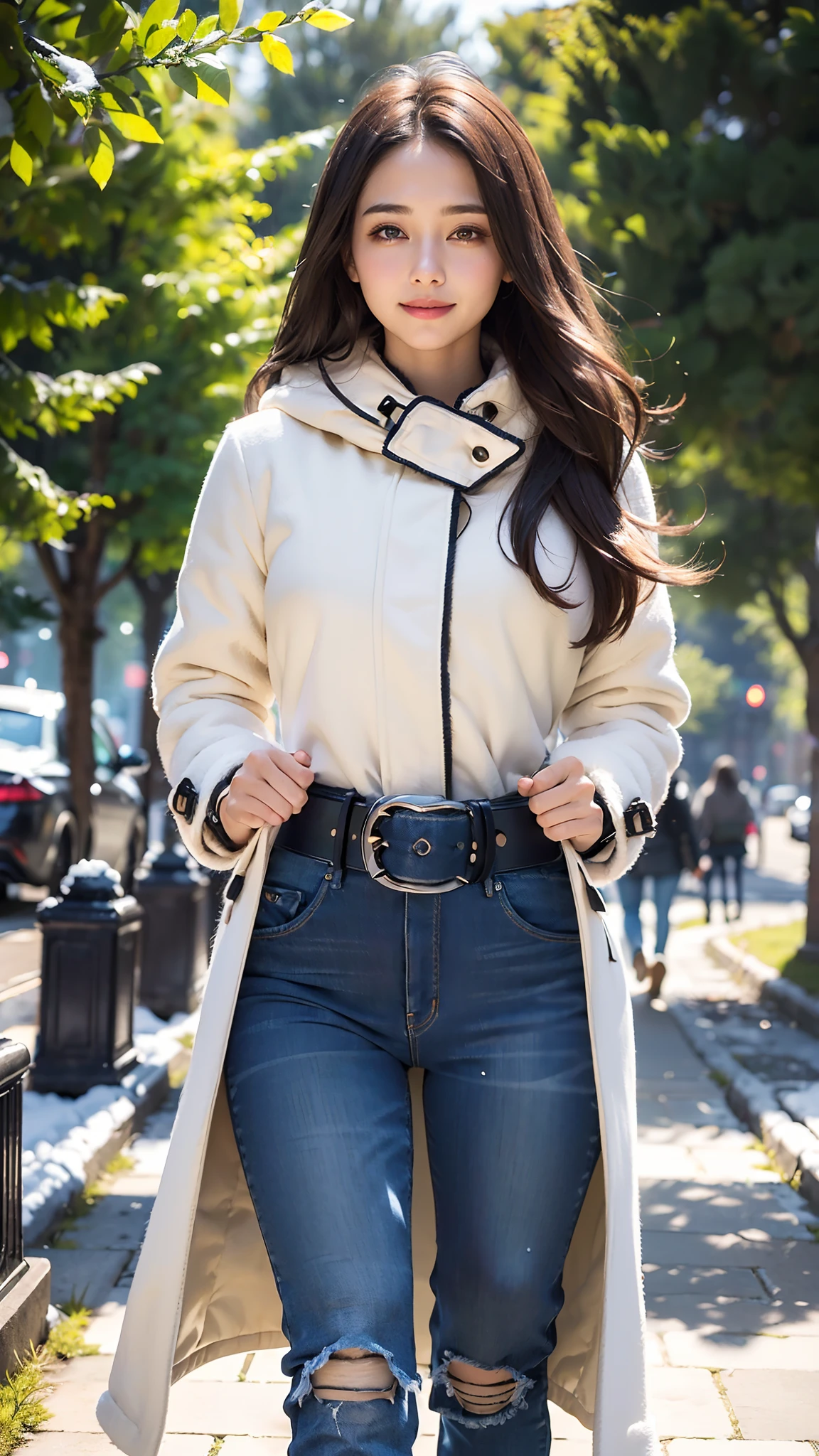 (Winters,Snowy landscape),(voluminous coat with closed front、Skinny Jeans、a belt:1.5)、depth of fields,Real Light,Ray traching,OC Renderer,UE5 Renderer,Hyper-realistic,best qualtiy,28 year old、Solo、Semi-long brown hair、(8K、Best Quality、masutepiece:1.2)、(Realistic、Photorealsitic:1.37)、Ultra-detailed、1girl in、(Beautiful detailed eyes)、(Smile)、Closed mouth、depth of fields、Good composition、Convoluted、Bokeh、(full:1.2)、Toned body、full-body view、