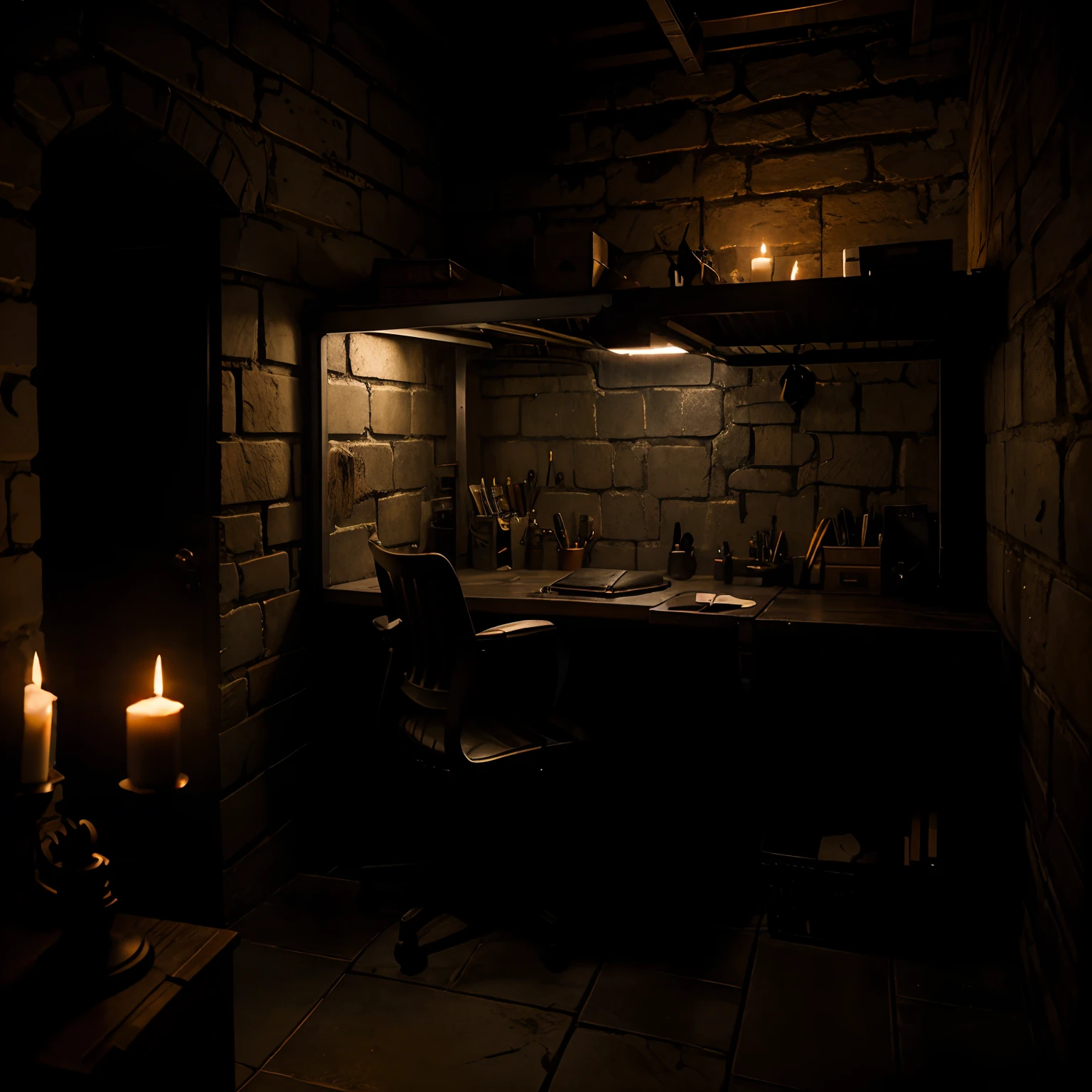 Workspace, dungeon, dark, candlelight, eerie, armored, worker, cubicle, fighter, brave
