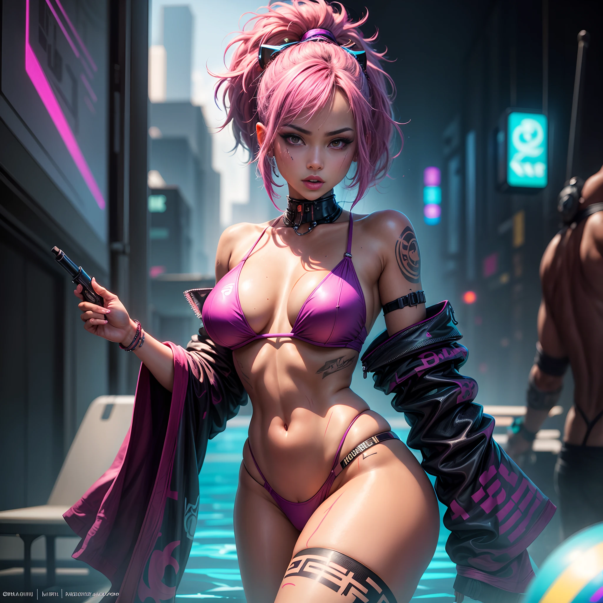 Masterpiece, high quality, high resolution, cyberpunk pool party, party dj, club, neon lights, ultra detailed face, ultra detailed body, pores body, tribal tattoos, solo, girl (small breasts, wet, cyberpunk swimwear), curvy body, makeup, eyeliner, expression of pleasure, magenta hair, tanned skin, tanned, pink glowing eyes, red cheeks, hold cyber guns,